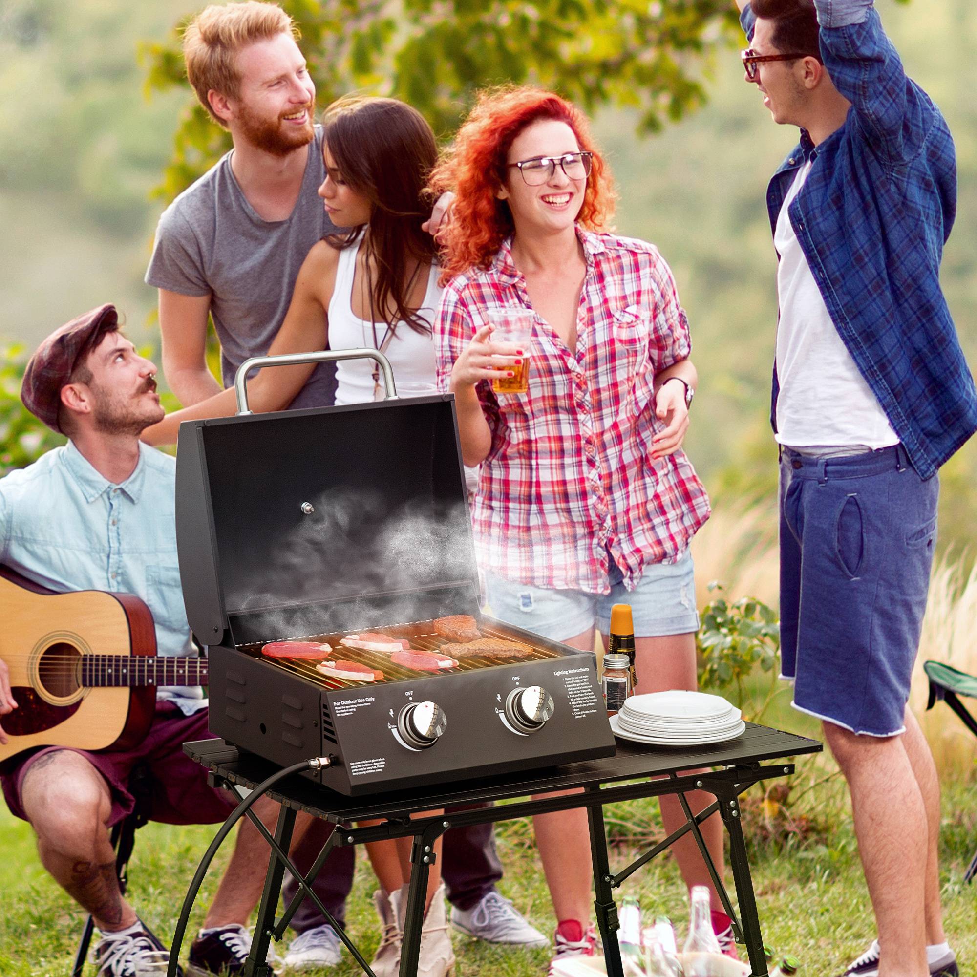 Sans Marque - Barbecue gaz pliable couvercle thermomètre 2 brûleurs acier 55x46,5x41 cm noir - Image 4