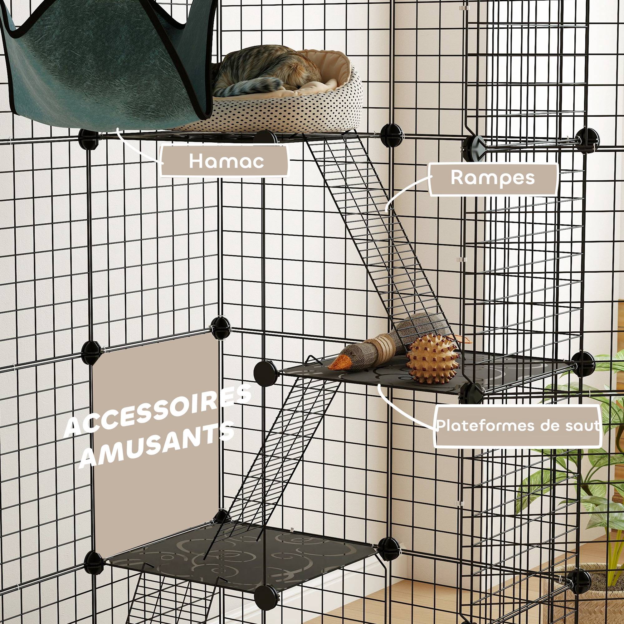 Cage pour chat acier intérieur parc jeu 4 niveaux modulable 105x70x140cm noir - ComfortXL Outdoor Living - Image 9