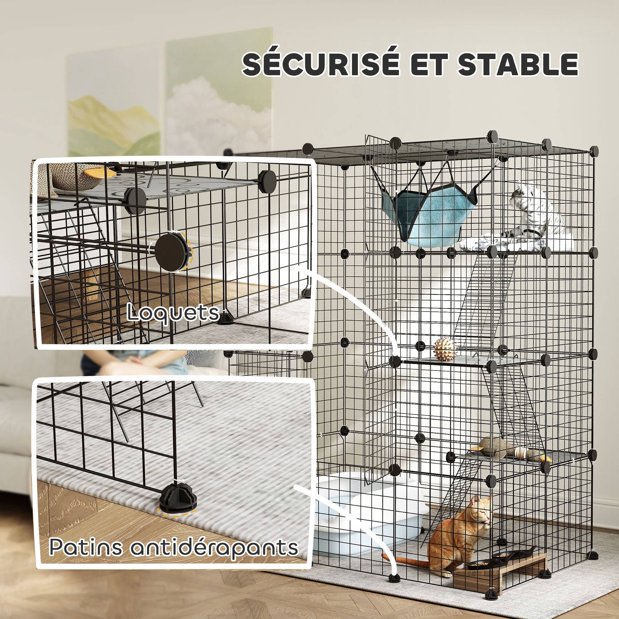 Cage pour chat acier intérieur parc jeu 4 niveaux modulable 105x70x140cm noir - ComfortXL Outdoor Living - Image 10