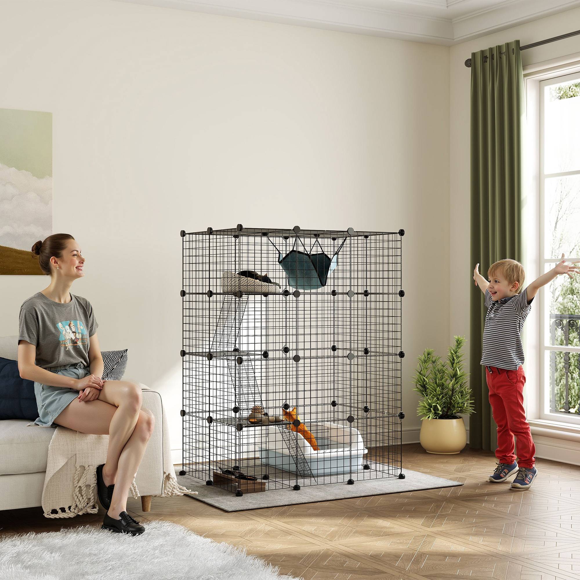 Cage pour chat acier intérieur parc jeu 4 niveaux modulable 105x70x140cm noir - ComfortXL Outdoor Living - Image 4