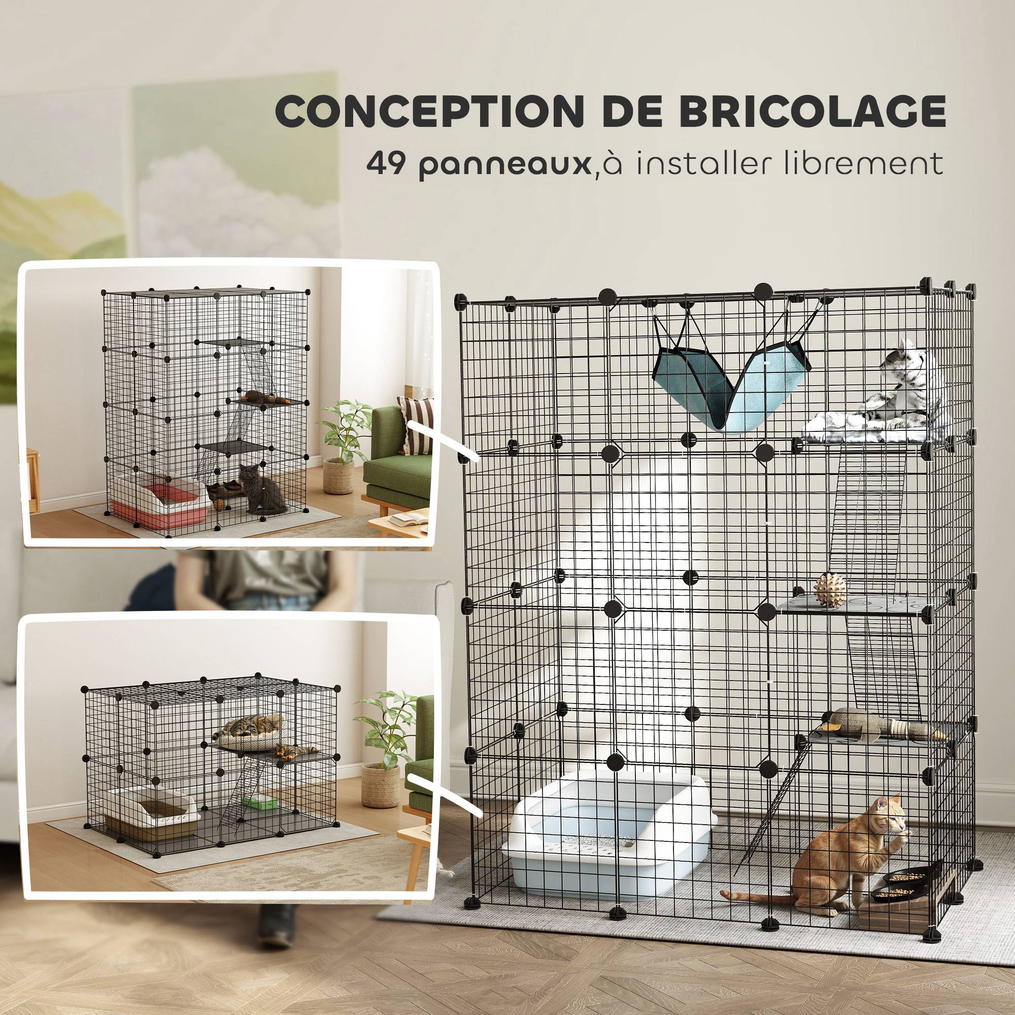 Cage pour chat acier intérieur parc jeu 4 niveaux modulable 105x70x140cm noir - ComfortXL Outdoor Living - Image 7