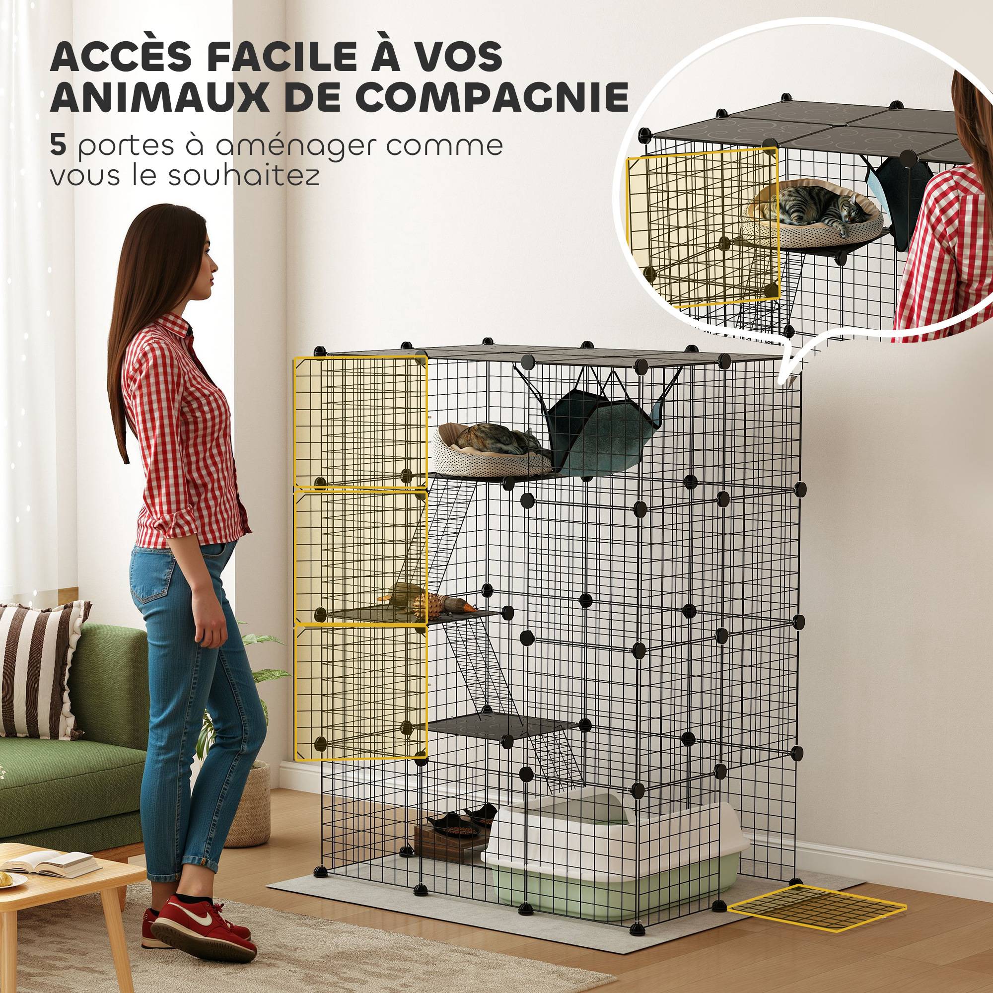 Cage pour chat acier intérieur parc jeu 4 niveaux modulable 105x70x140cm noir - ComfortXL Outdoor Living - Image 8