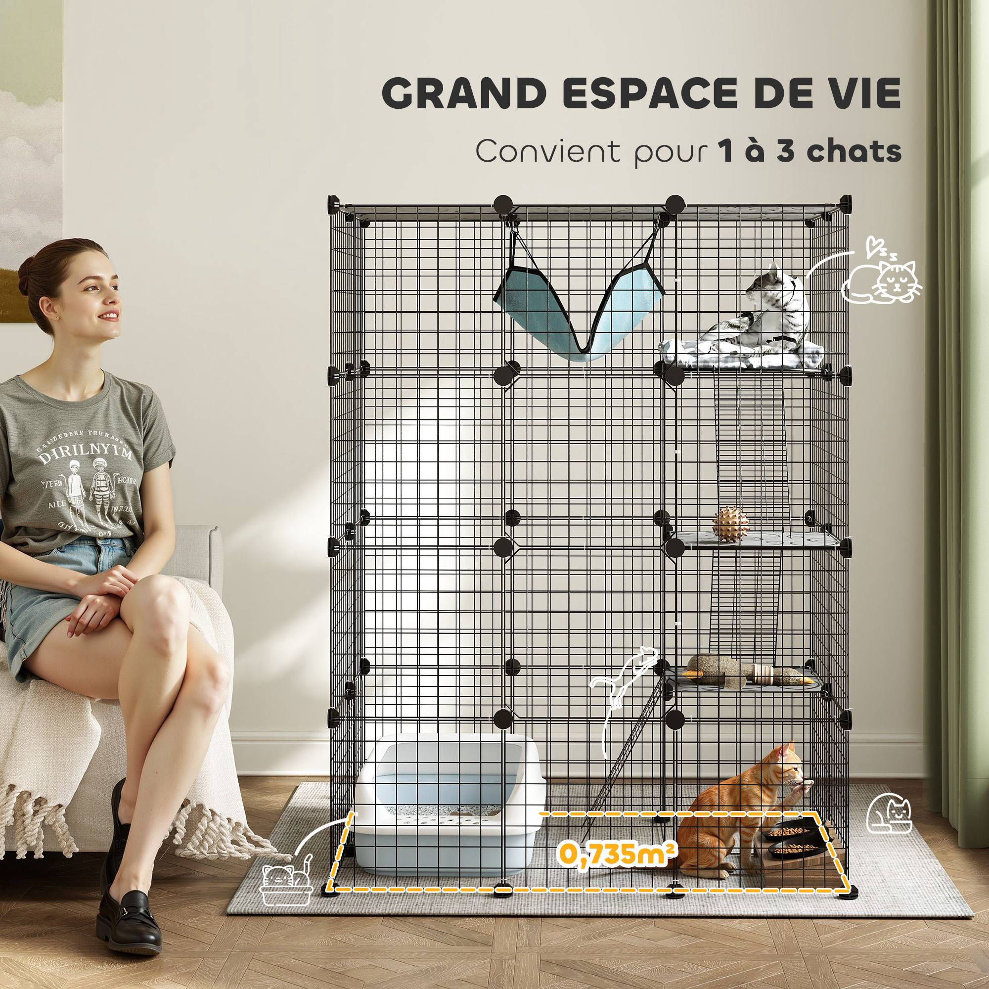 Cage pour chat acier intérieur parc jeu 4 niveaux modulable 105x70x140cm noir - ComfortXL Outdoor Living - Image 6