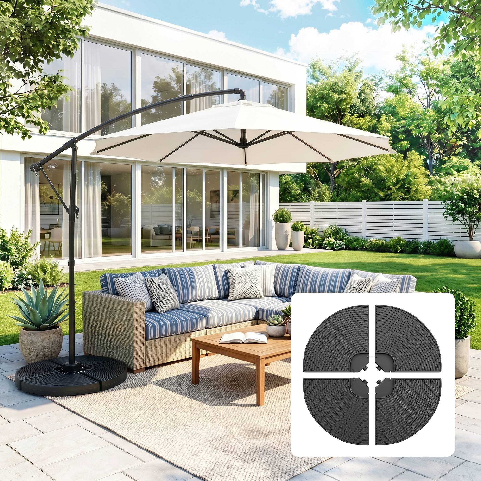 Base de parasol déporté en 4 pièces en HDPE remplissables avec eau et sable, Ø100x8 cm, noir - Image 3
