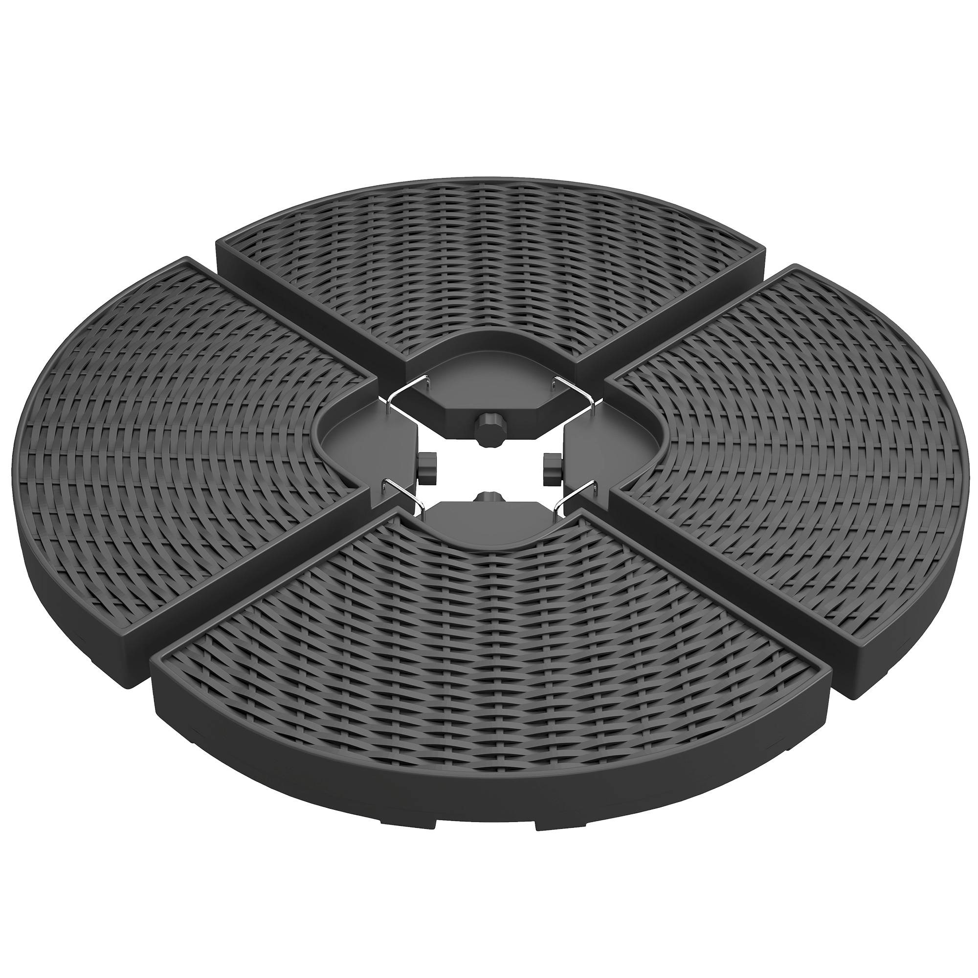 Base de parasol déporté en 4 pièces en HDPE remplissables avec eau et sable, Ø100x8 cm, noir