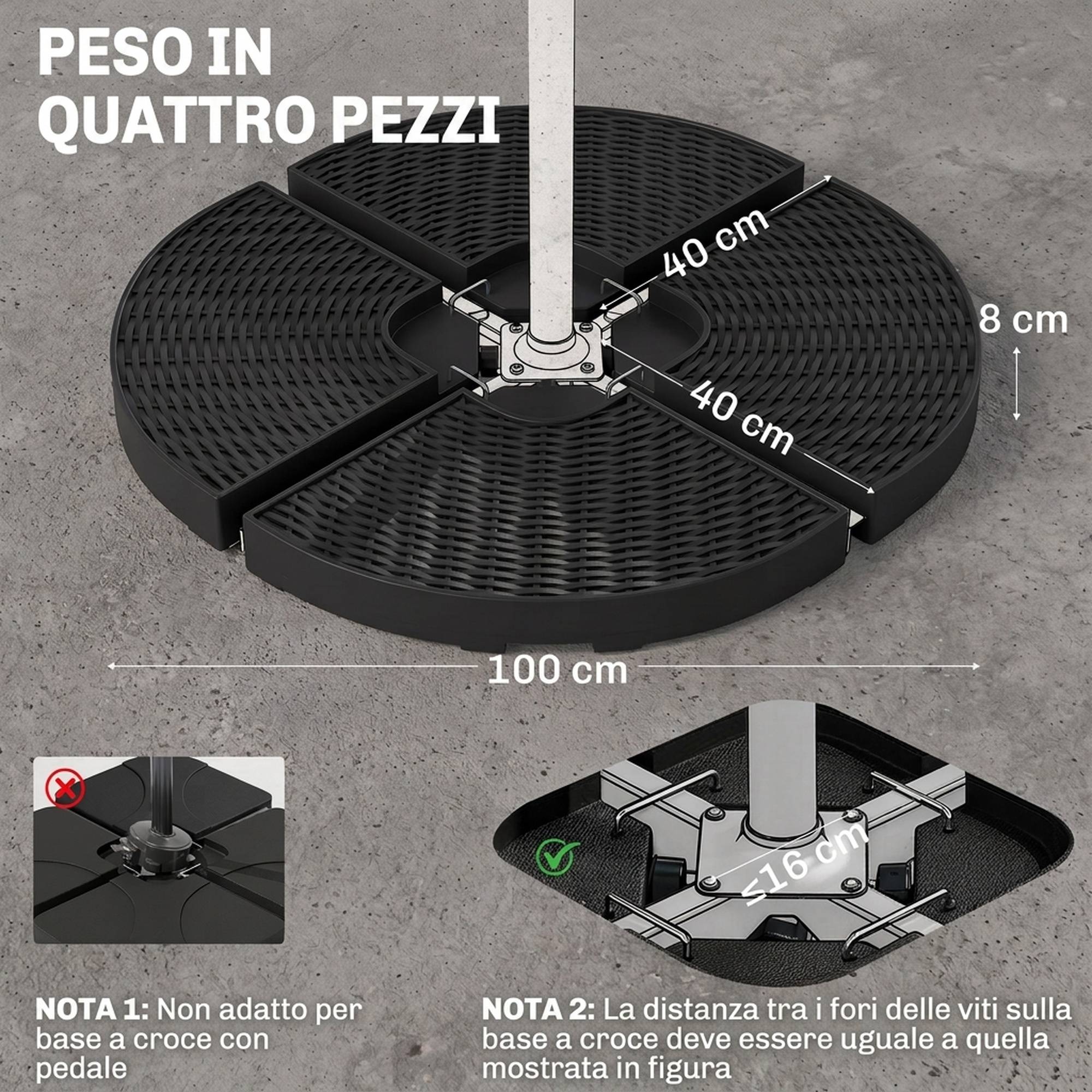 Base de parasol déporté en 4 pièces en HDPE remplissables avec eau et sable, Ø100x8 cm, noir - Image 5