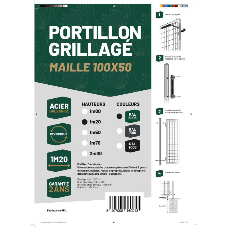 Portillon grillagé en acier galvanisé maille 100 x 50 L 1m20 x 1m20 Vert - Easy Clôture - Image 6