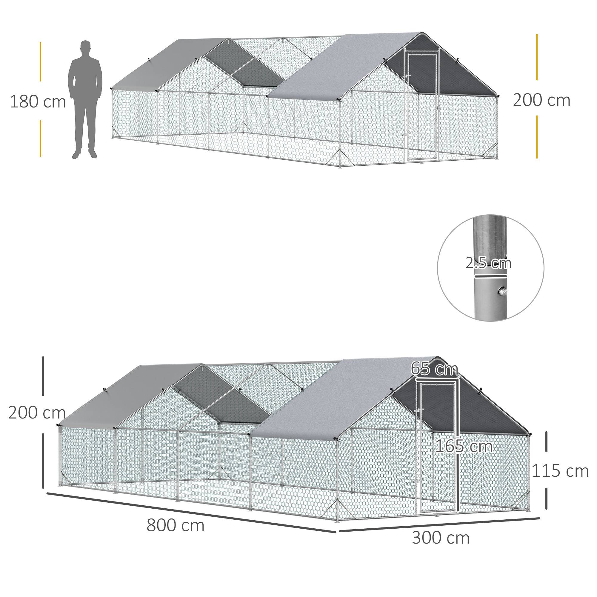Poulailler de jardin cadre galvanisé, bâche étanche et grillage hexagonal, 3x8x2 m, argenté - Image 5