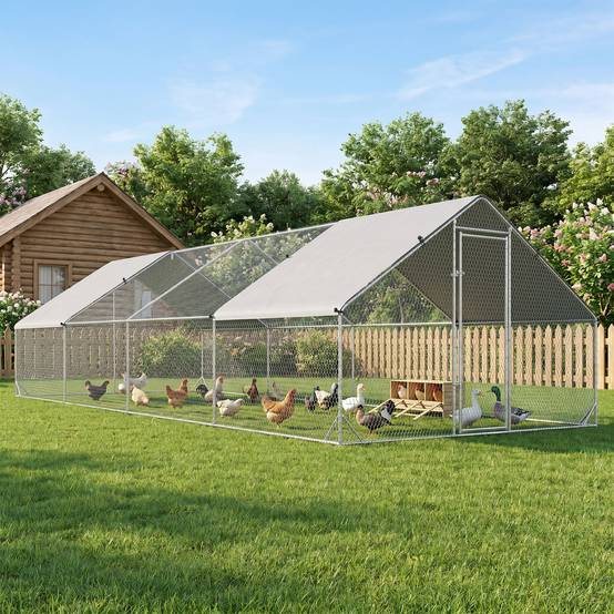 Poulailler de jardin cadre galvanisé, bâche étanche et grillage hexagonal, 3x8x2 m, argenté - Image 10