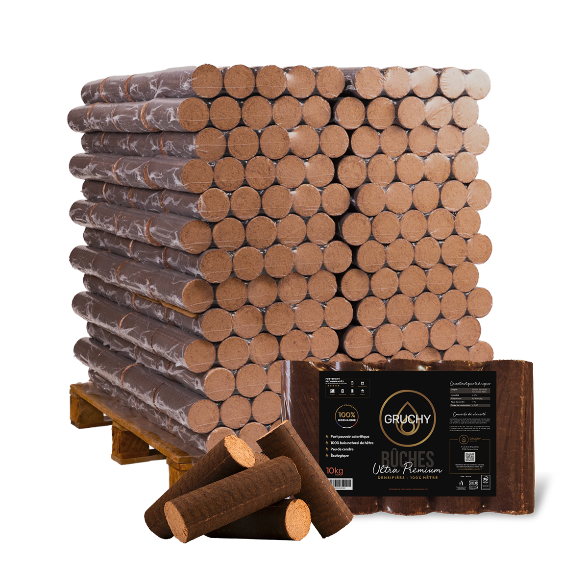 GRUCHY - Palette de bûches densifiées ULTRA PREMIUM GRUCHY -104 paquets de 10kg - 100% HÊTRE - Gruchy