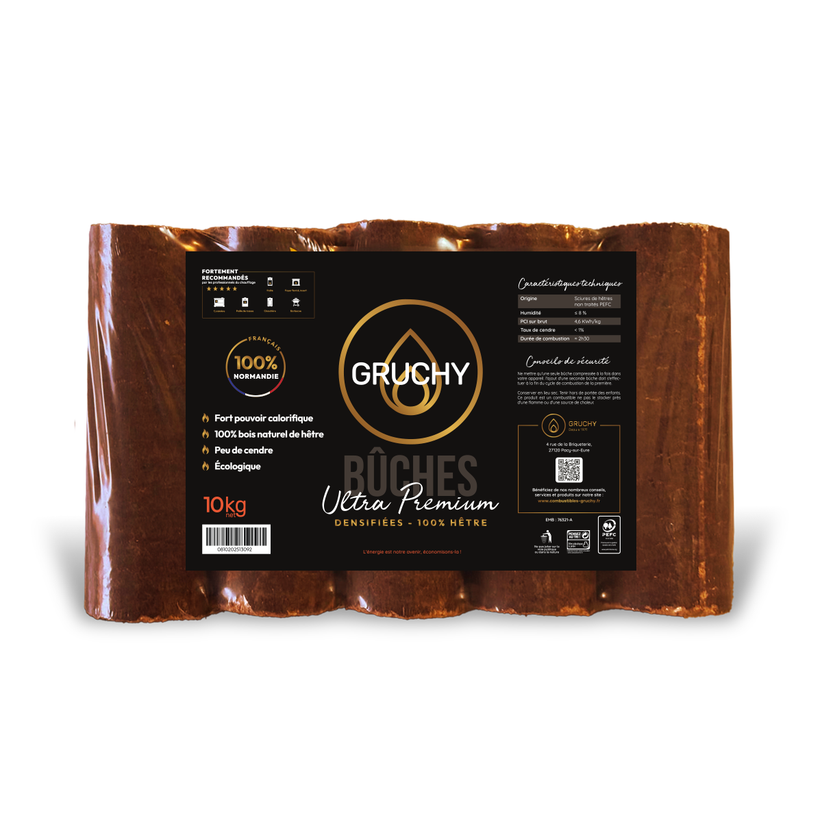 GRUCHY - Palette de bûches densifiées ULTRA PREMIUM GRUCHY -104 paquets de 10kg - 100% HÊTRE - Gruchy - Image 2