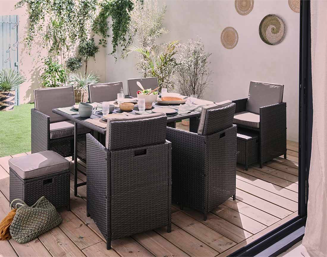 Best Mobilier - Sunny - salon de jardin encastrable 10 places - en résine tressée, plateau polywood - avec housse de protection - Best Mobilier - Image 2