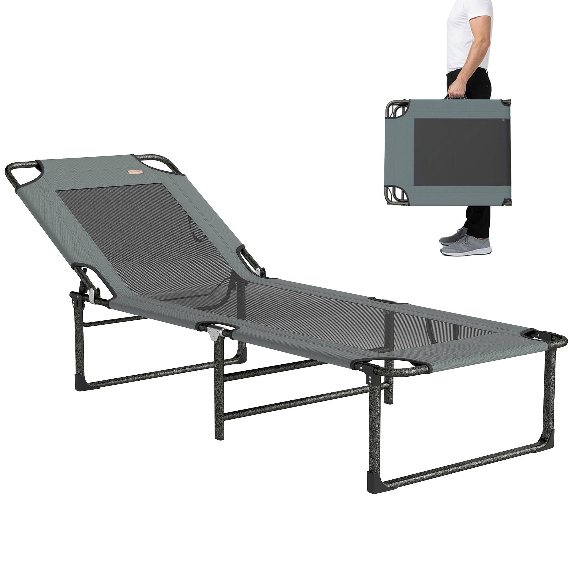 Chaise longue extérieure grise pliante inclinable 4 positions avec poignée de transport - Image 1