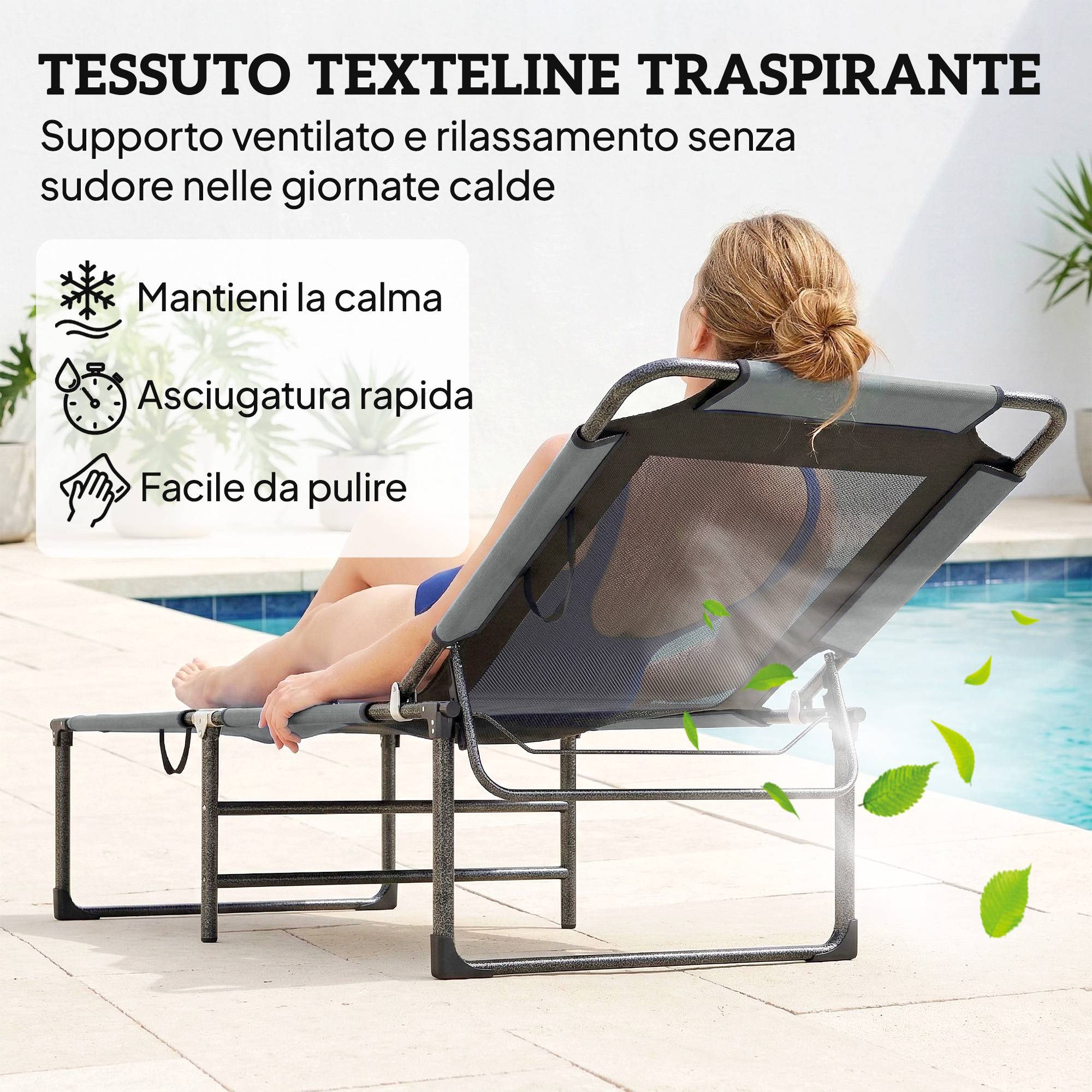 Chaise longue extérieure grise pliante inclinable 4 positions avec poignée de transport - Image 8