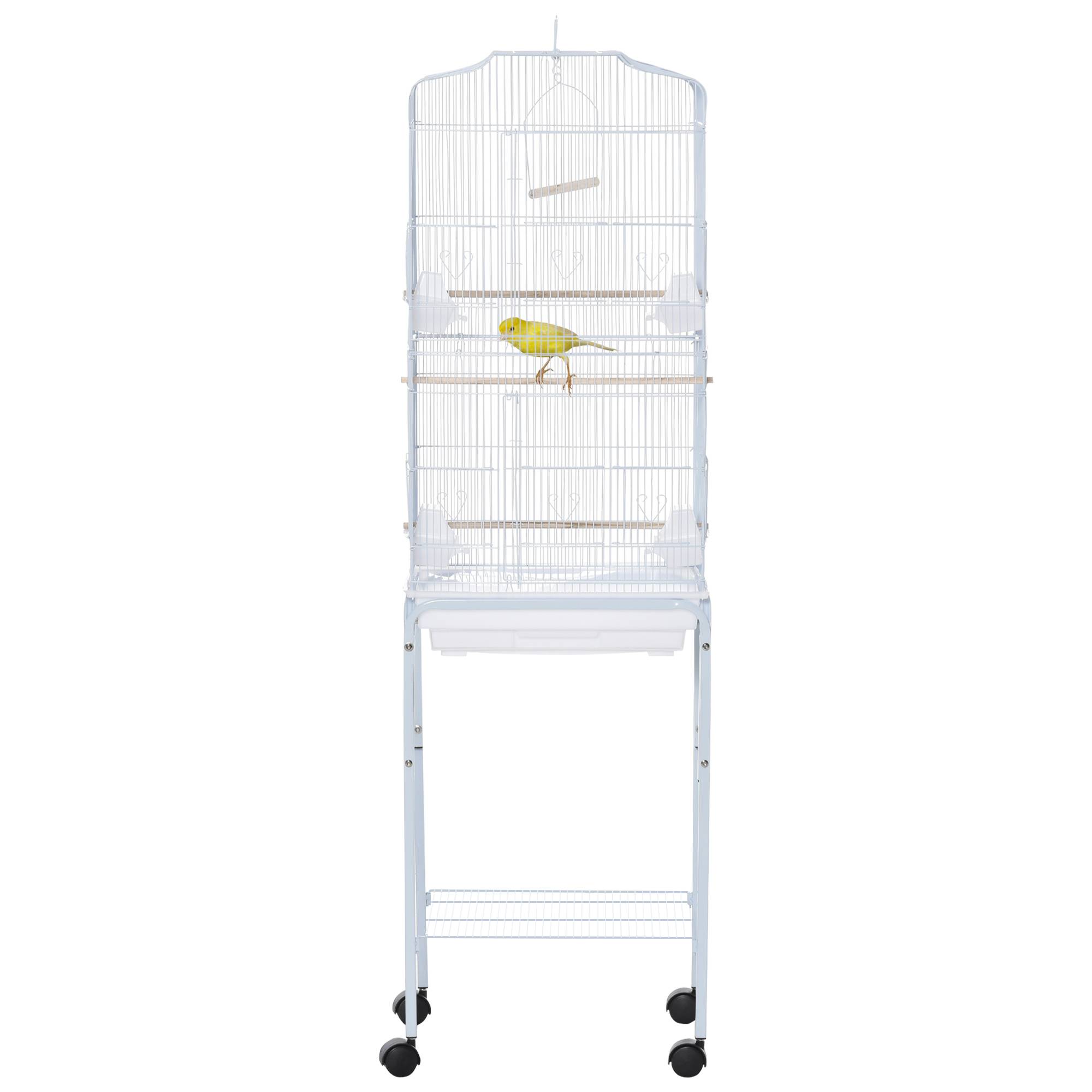 Sans Marque - Gabbia per Uccelli, Voliera in Metallo e Acciaio con Ruote, Trespoli e Ciotole, 46,5x36x157cm, Bianco - Image 2