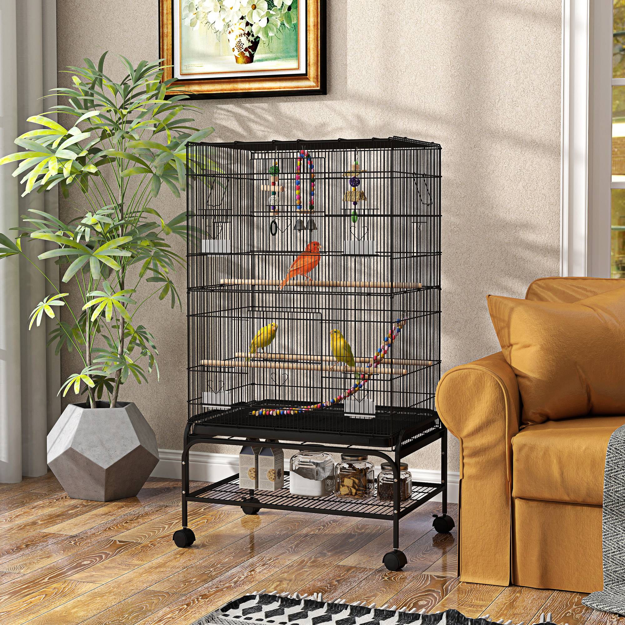 Cage pour oiseaux avec aire de jeu, roues, bac amovible et étagère, 64x45x110 cm, noir - Image 4