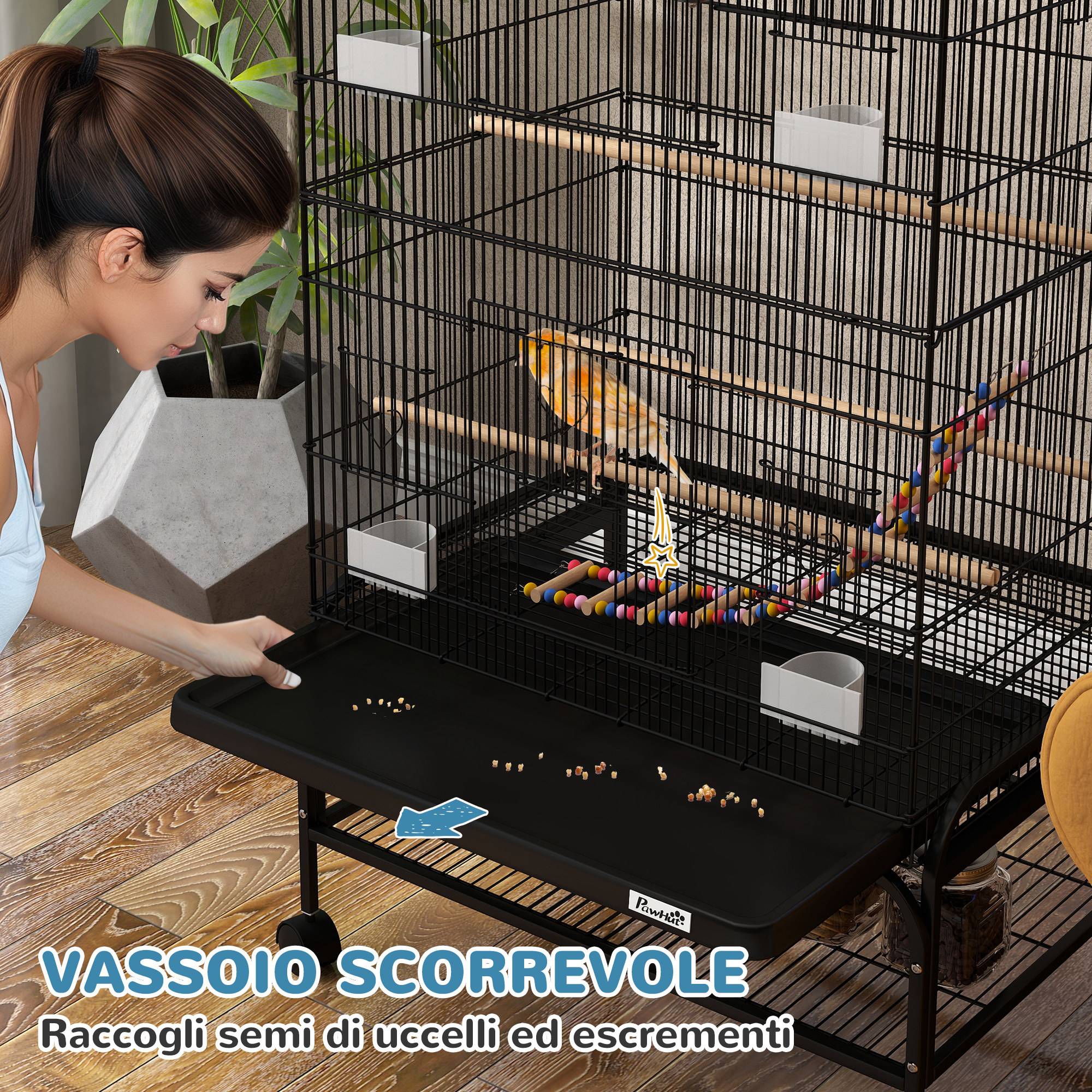 Cage pour oiseaux avec aire de jeu, roues, bac amovible et étagère, 64x45x110 cm, noir - Image 8