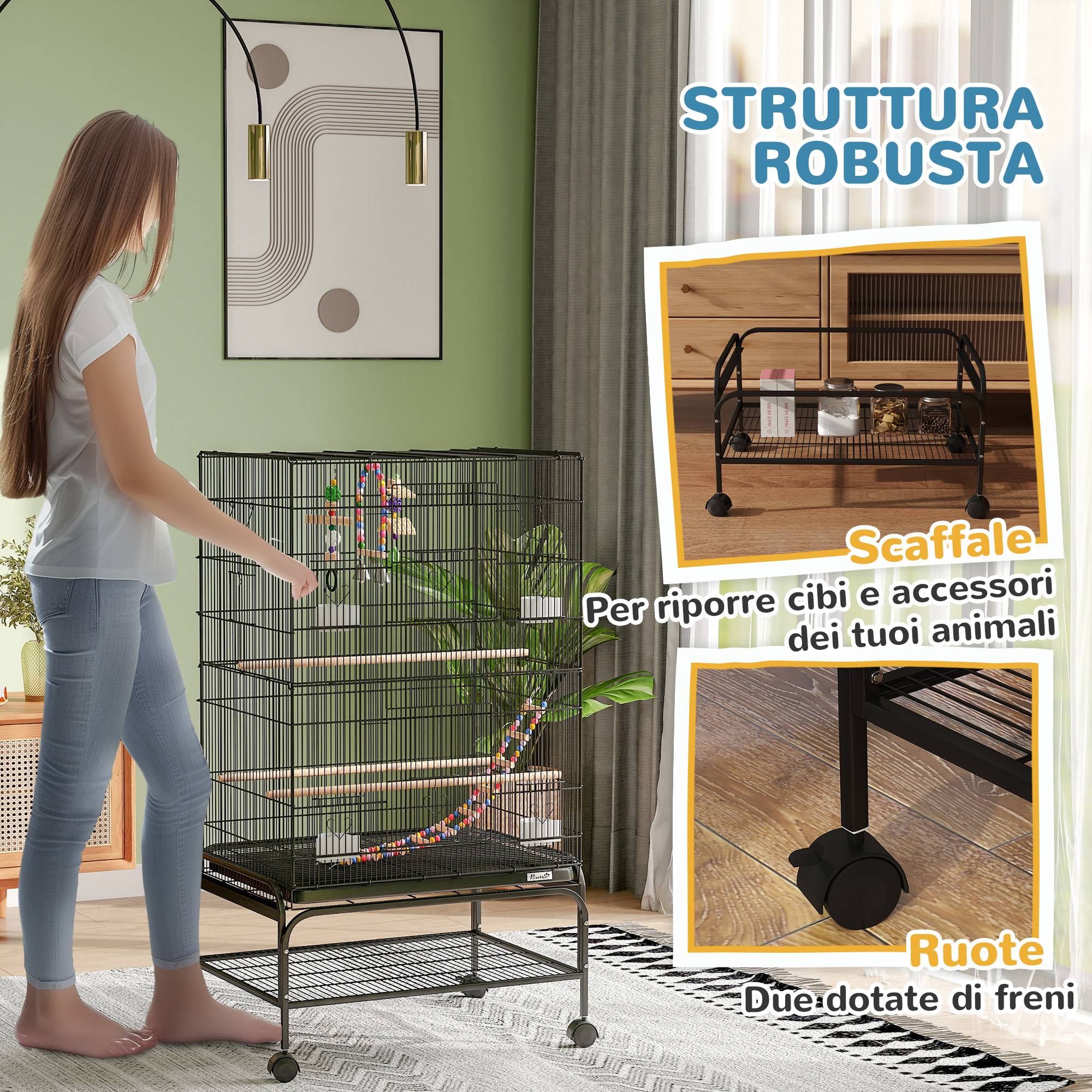 Cage pour oiseaux avec aire de jeu, roues, bac amovible et étagère, 64x45x110 cm, noir - Image 9
