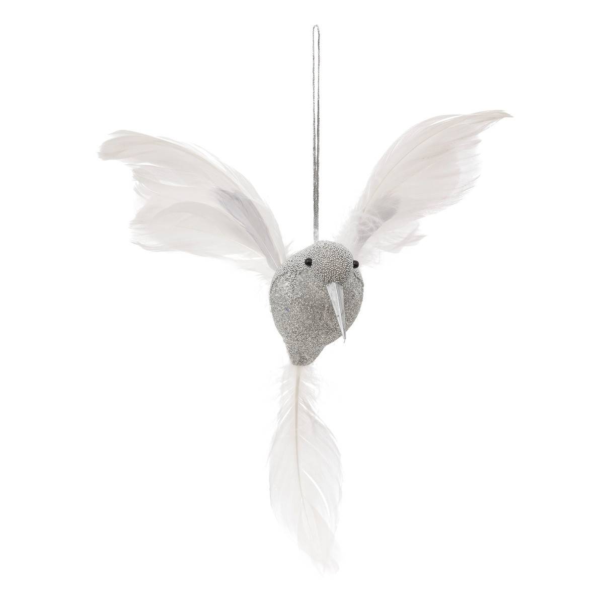 Fééric Lights & Christmas - Suspension de Noël Grand Oiseau Gris argent et Plumes Blanches H 20 cm