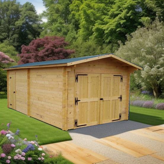 Habrita - Garage madriers - 42 mm - Surface 24,23 m2 - Feutre bitumé couleur foncé- Porte de garage battante en bois - Image 3