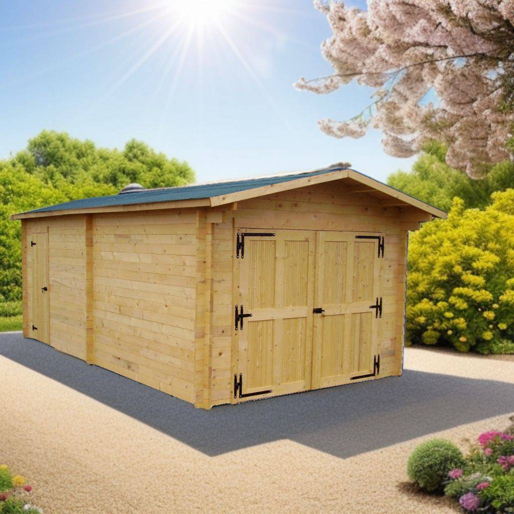 Habrita - Garage madriers - 42 mm - Surface 24,23 m2 - Feutre bitumé couleur foncé- Porte de garage battante en bois - Image 1
