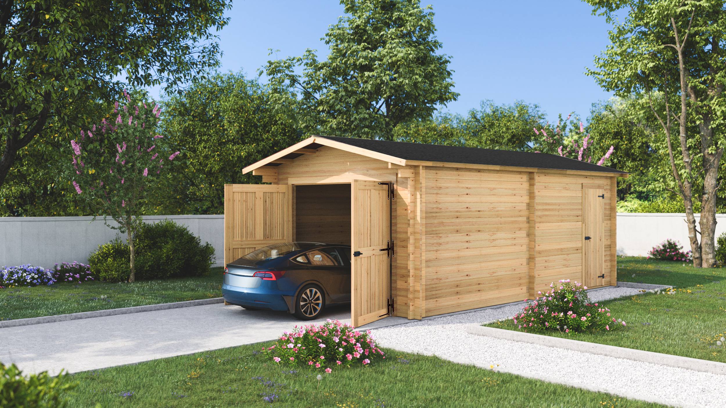 Habrita - Garage madriers - 42 mm - Surface 24,23 m2 - Feutre bitumé couleur foncé- Porte de garage battante en bois - Image 2
