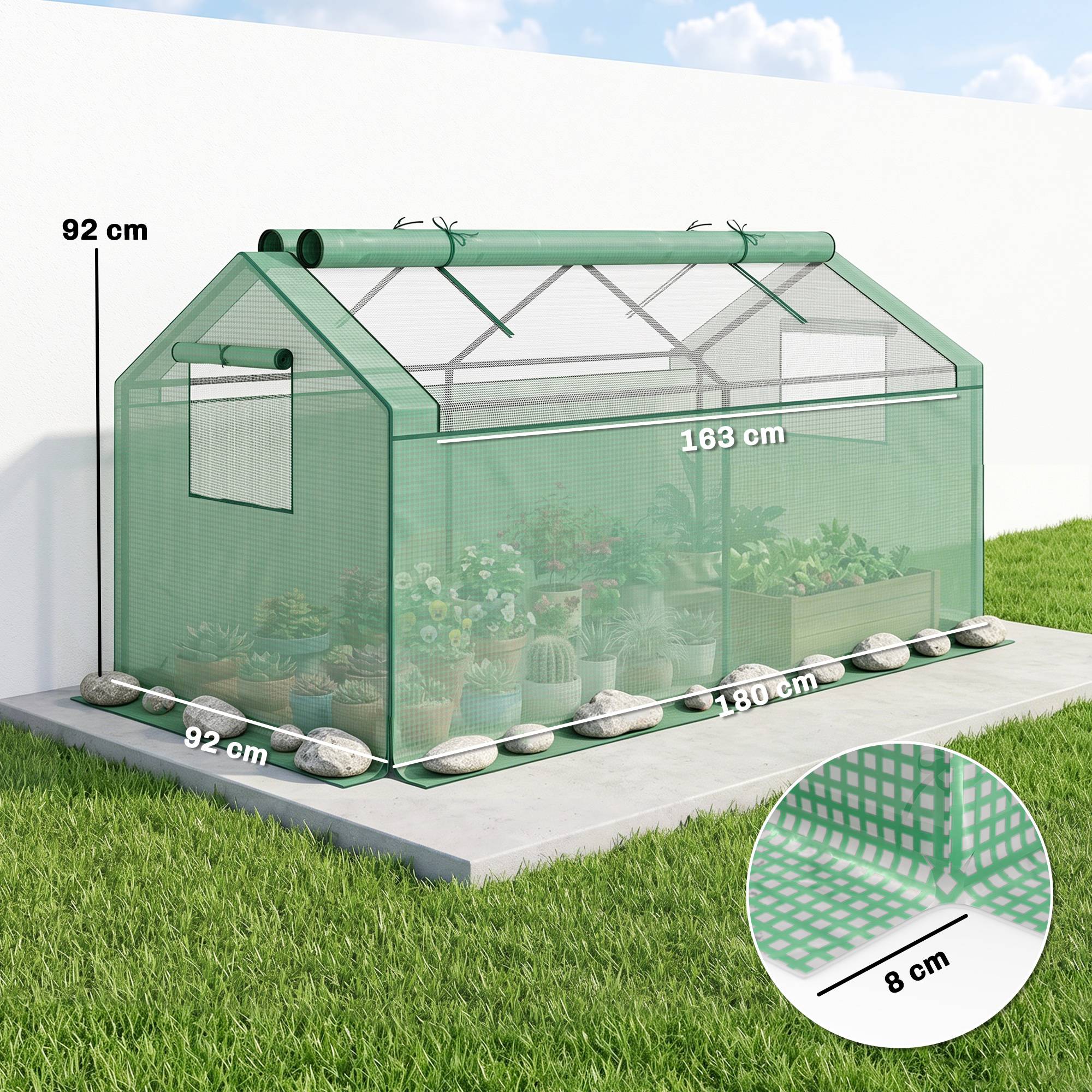 ComfortXL - Mini serre tunnel métal et PE vert 180 x 92 x 92 cm 2 fenêtres filet protection froid oiseaux balcon - Image 3