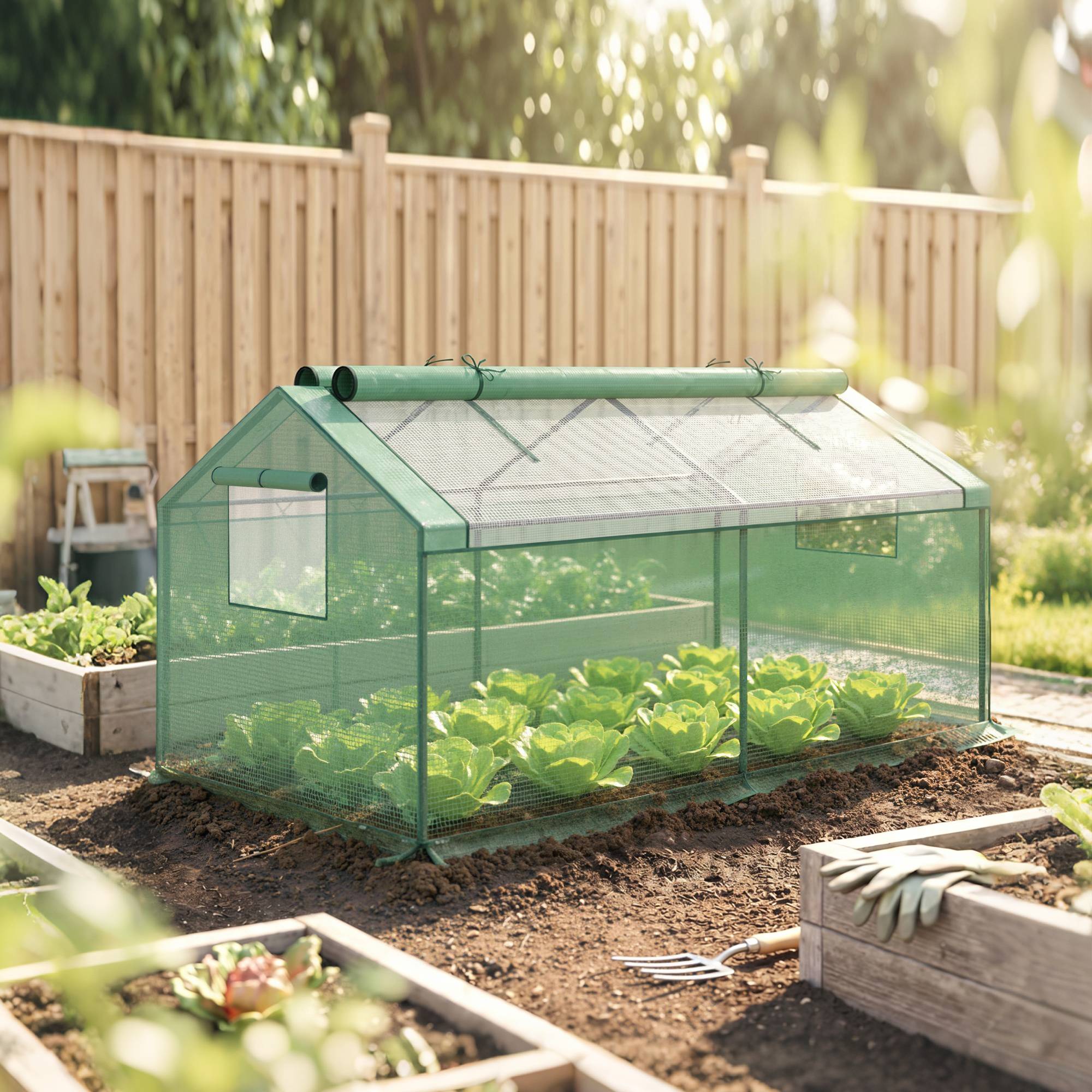 ComfortXL - Mini serre tunnel métal et PE vert 180 x 92 x 92 cm 2 fenêtres filet protection froid oiseaux balcon - Image 9