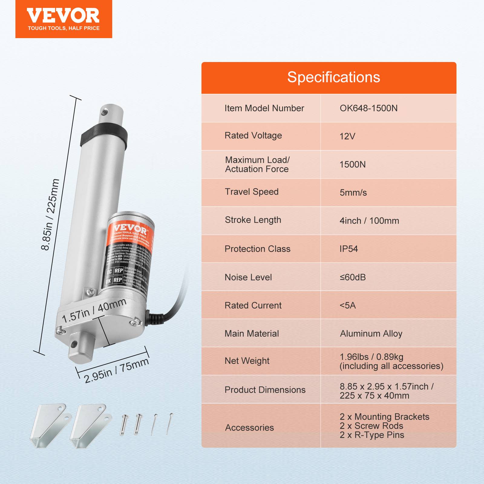 VEVOR Actionneur linéaire 12V 100 mm, 330 lb/1500 N, 5 mm/s, IP54, support, meubles, automatisation. - Image 7