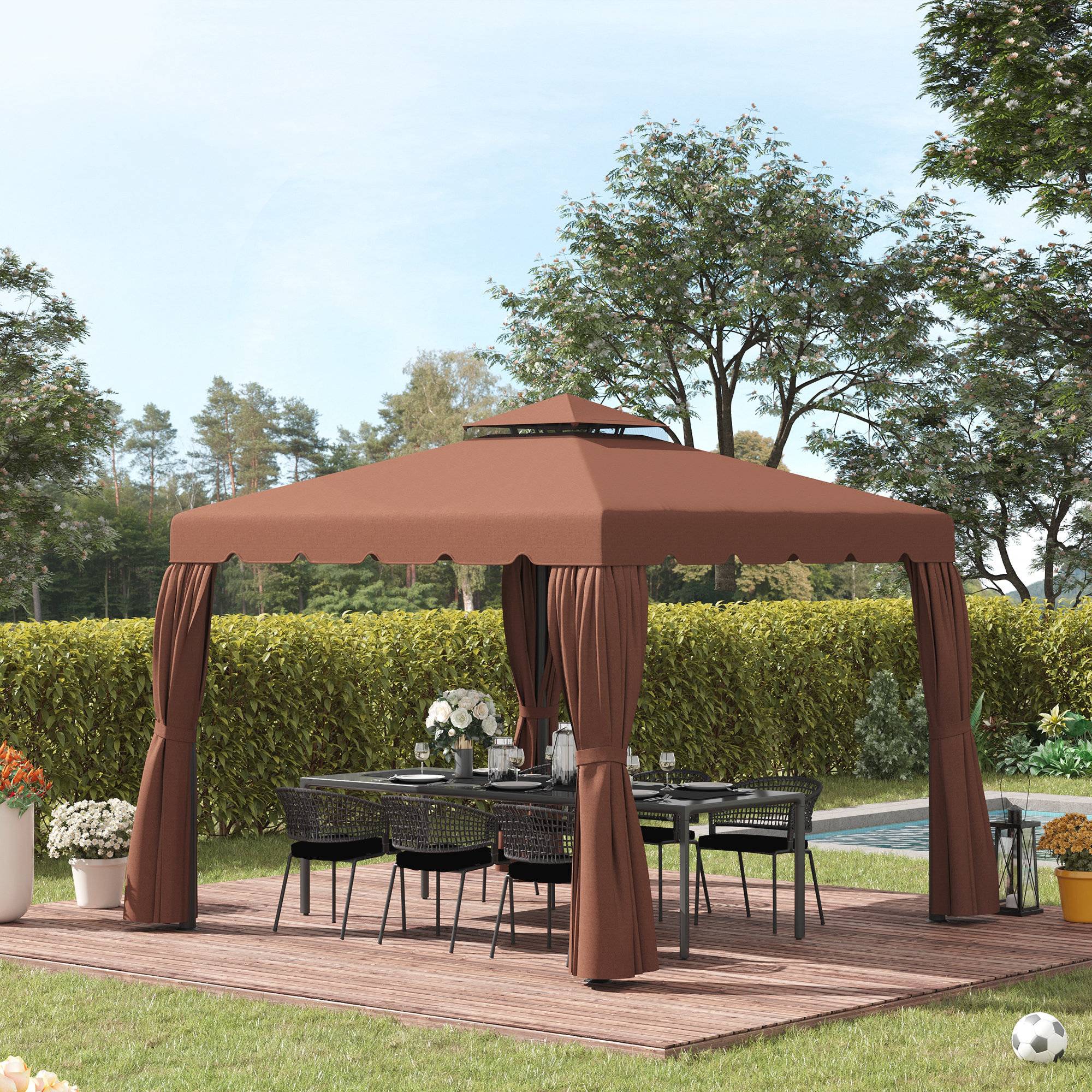 Toit de rechange pour cenador 3x3 m, housse de rechange avec double toit et 8 trous de drainage, cafe - Image 4