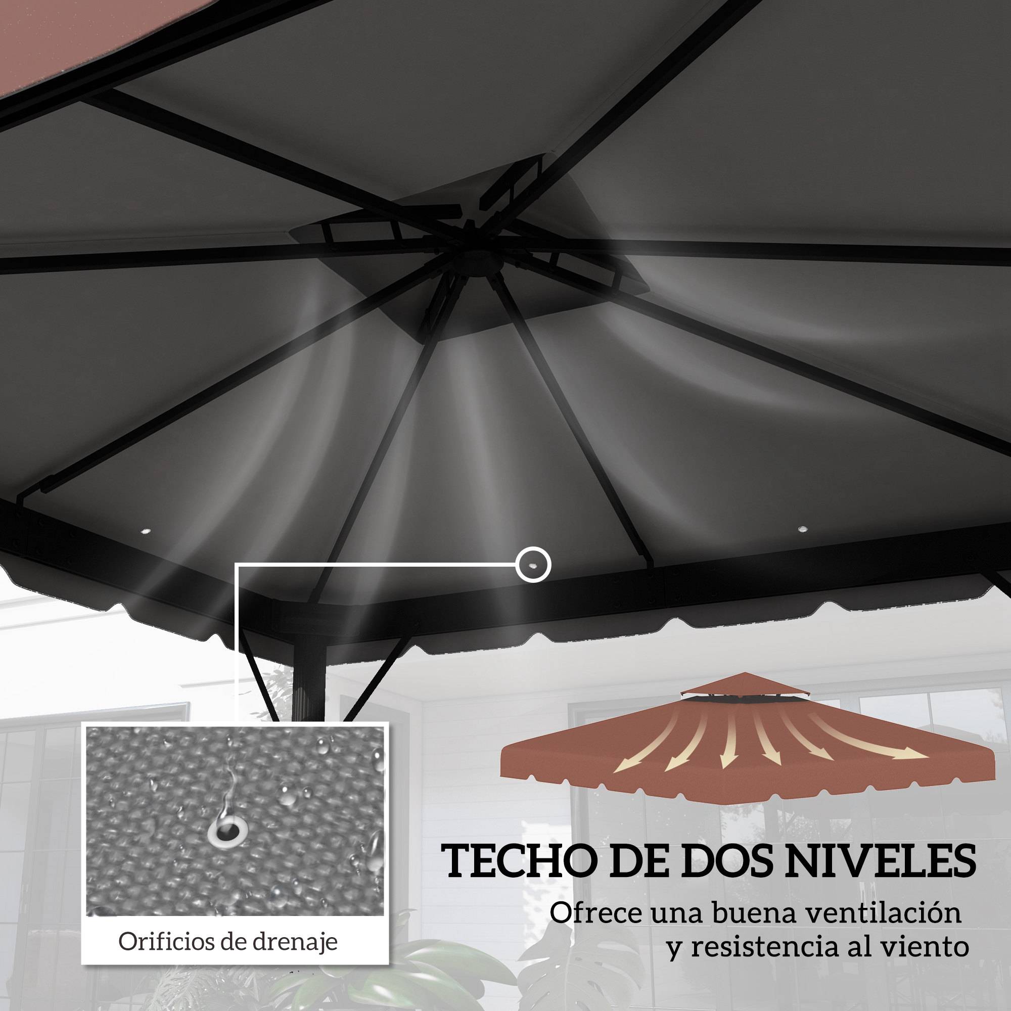 Toit de rechange pour cenador 3x3 m, housse de rechange avec double toit et 8 trous de drainage, cafe - Image 7