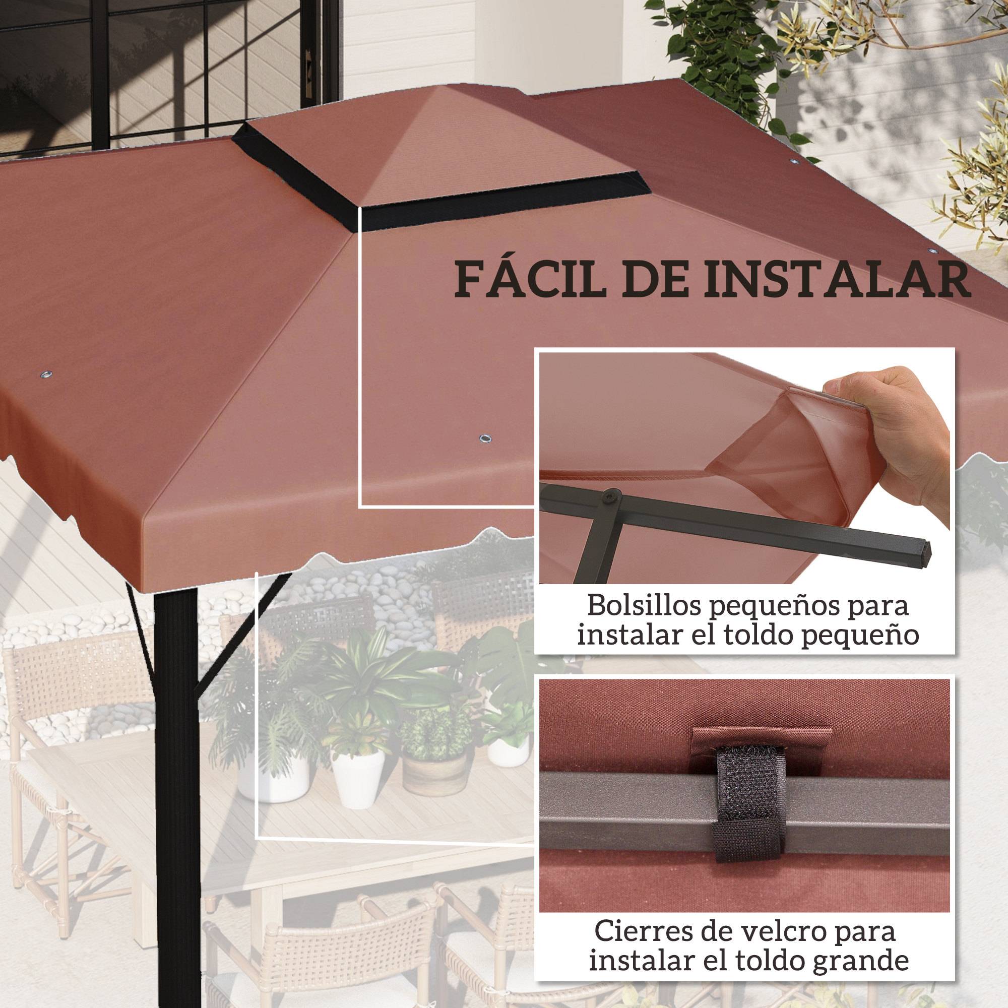 Toit de rechange pour cenador 3x3 m, housse de rechange avec double toit et 8 trous de drainage, cafe - Image 8