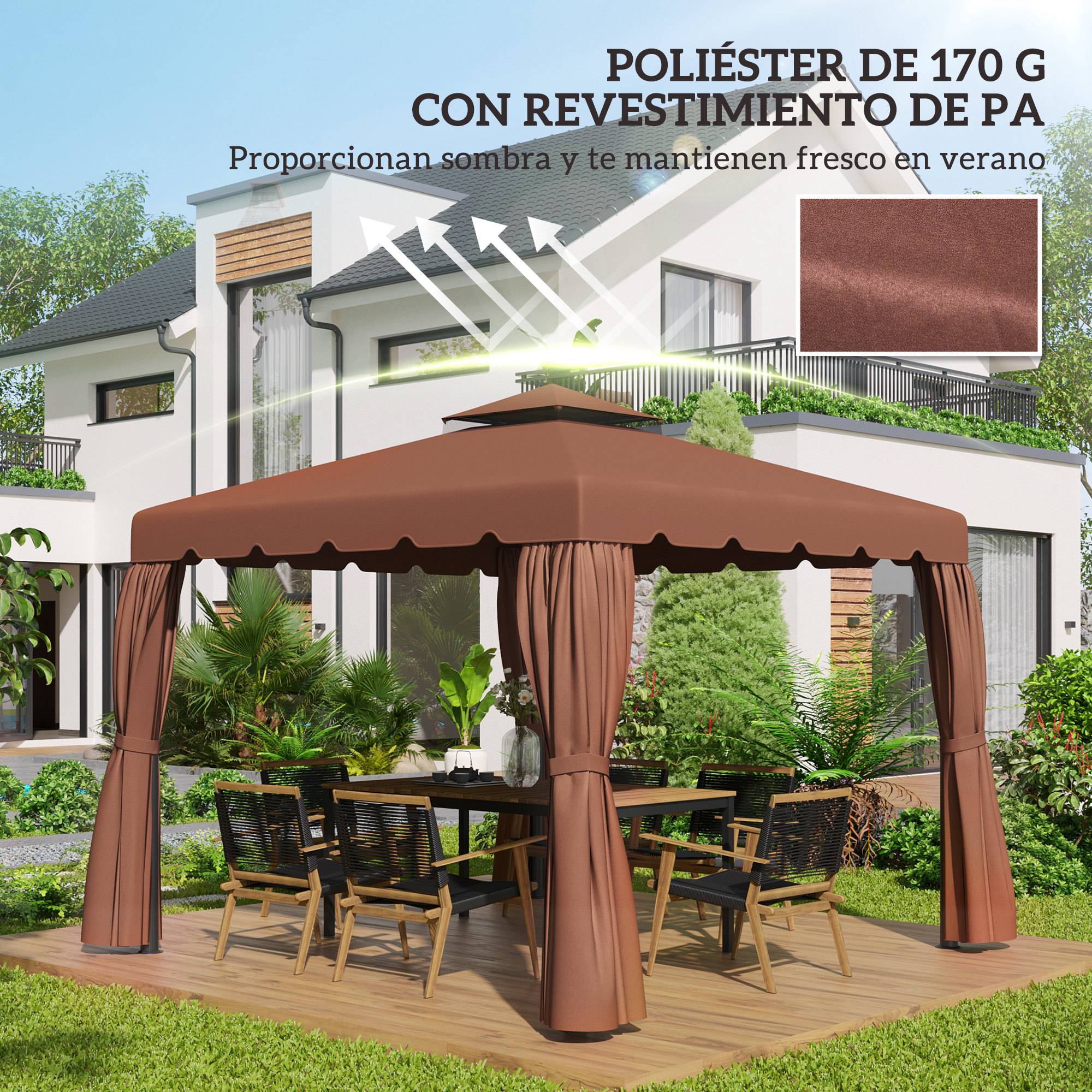 Toit de rechange pour cenador 3x3 m, housse de rechange avec double toit et 8 trous de drainage, cafe - Image 9