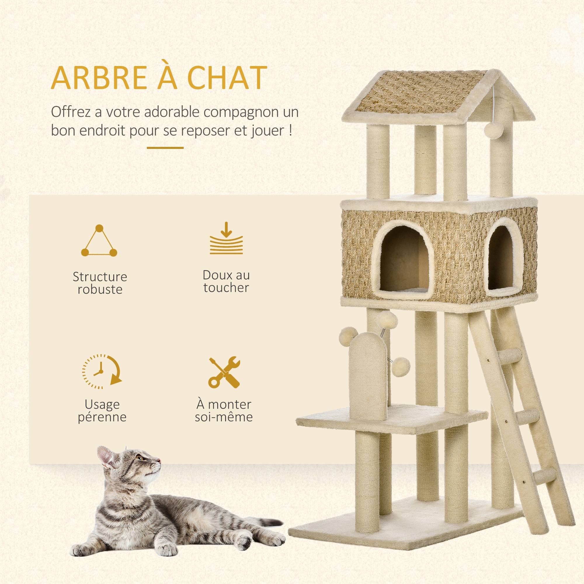 Pawhut - Arbre à chats style cosy chic griffoirs sisal naturel grande niche plateforme échelle jeu boules tourniquet peluche courte cordes d'algues tressées - Image 4