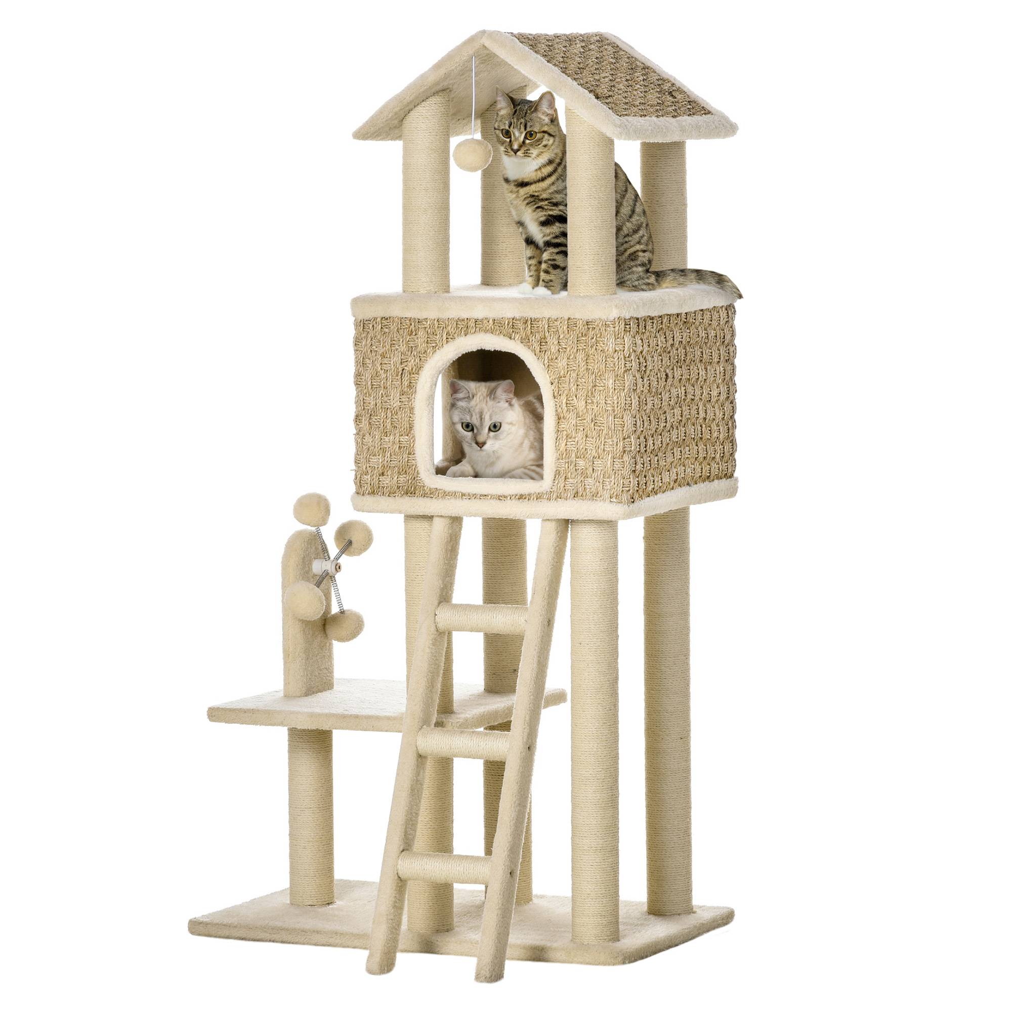 Pawhut - Arbre à chats style cosy chic griffoirs sisal naturel grande niche plateforme échelle jeu boules tourniquet peluche courte cordes d'algues tressées - Image 1