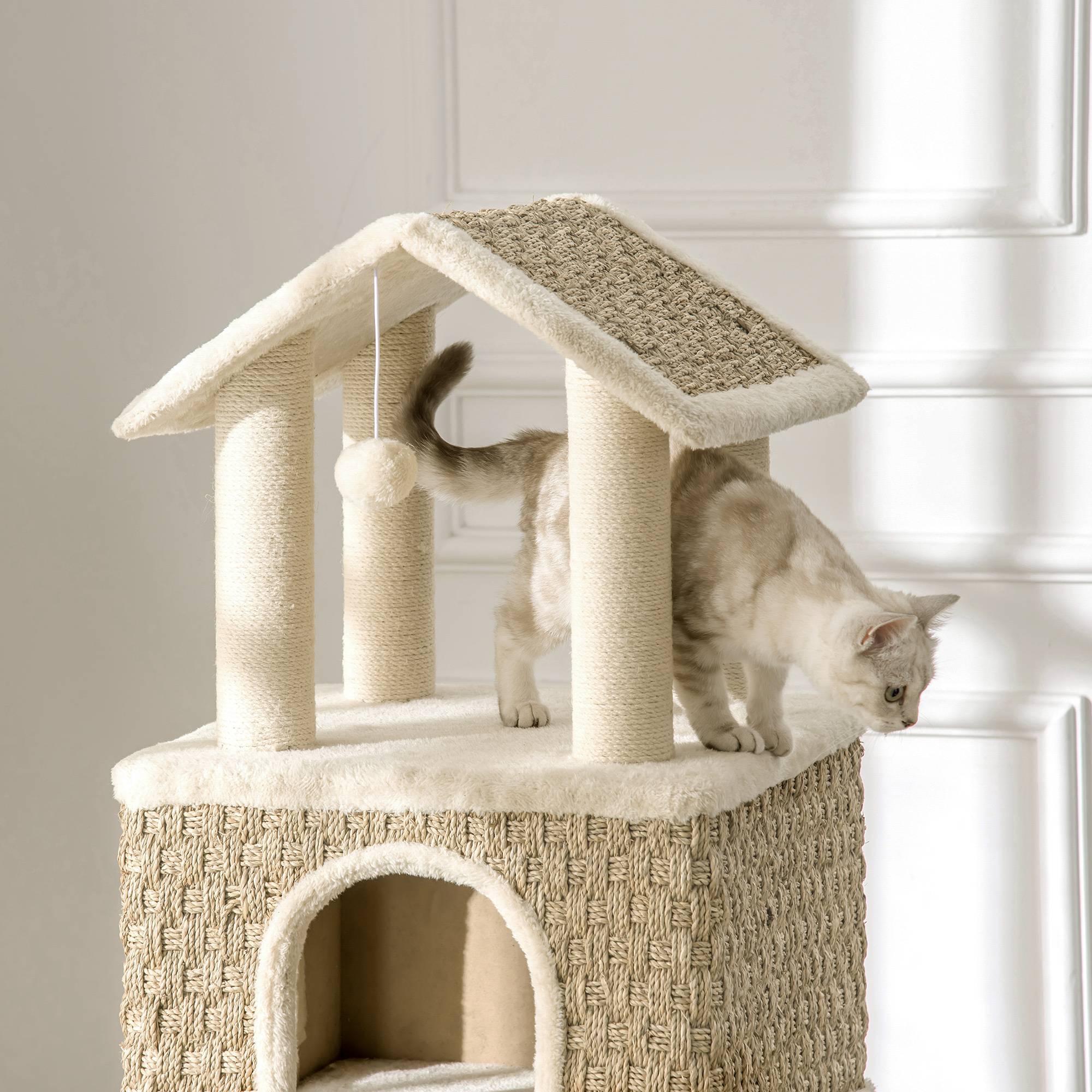 Pawhut - Arbre à chats style cosy chic griffoirs sisal naturel grande niche plateforme échelle jeu boules tourniquet peluche courte cordes d'algues tressées - Image 7