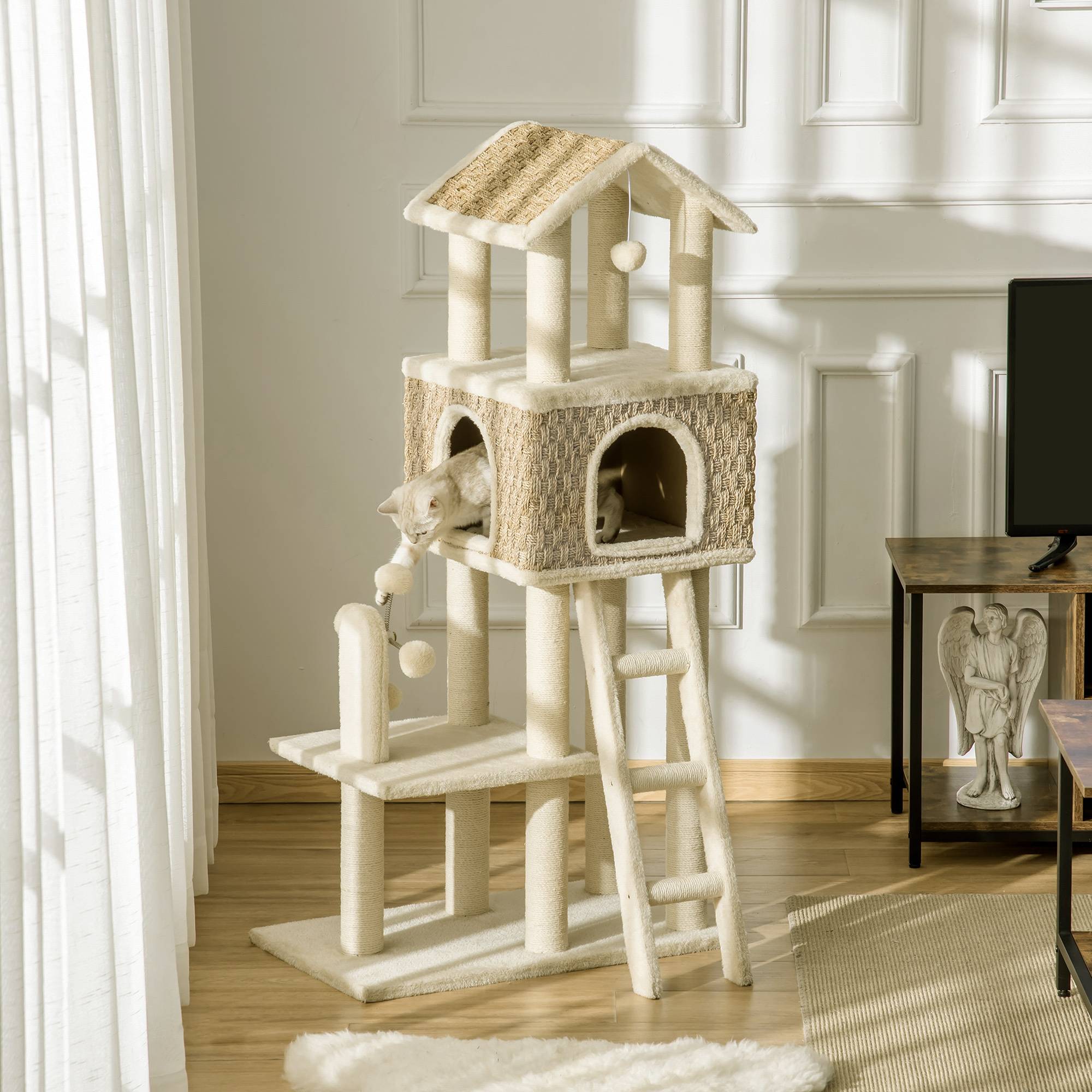 Pawhut - Arbre à chats style cosy chic griffoirs sisal naturel grande niche plateforme échelle jeu boules tourniquet peluche courte cordes d'algues tressées - Image 2