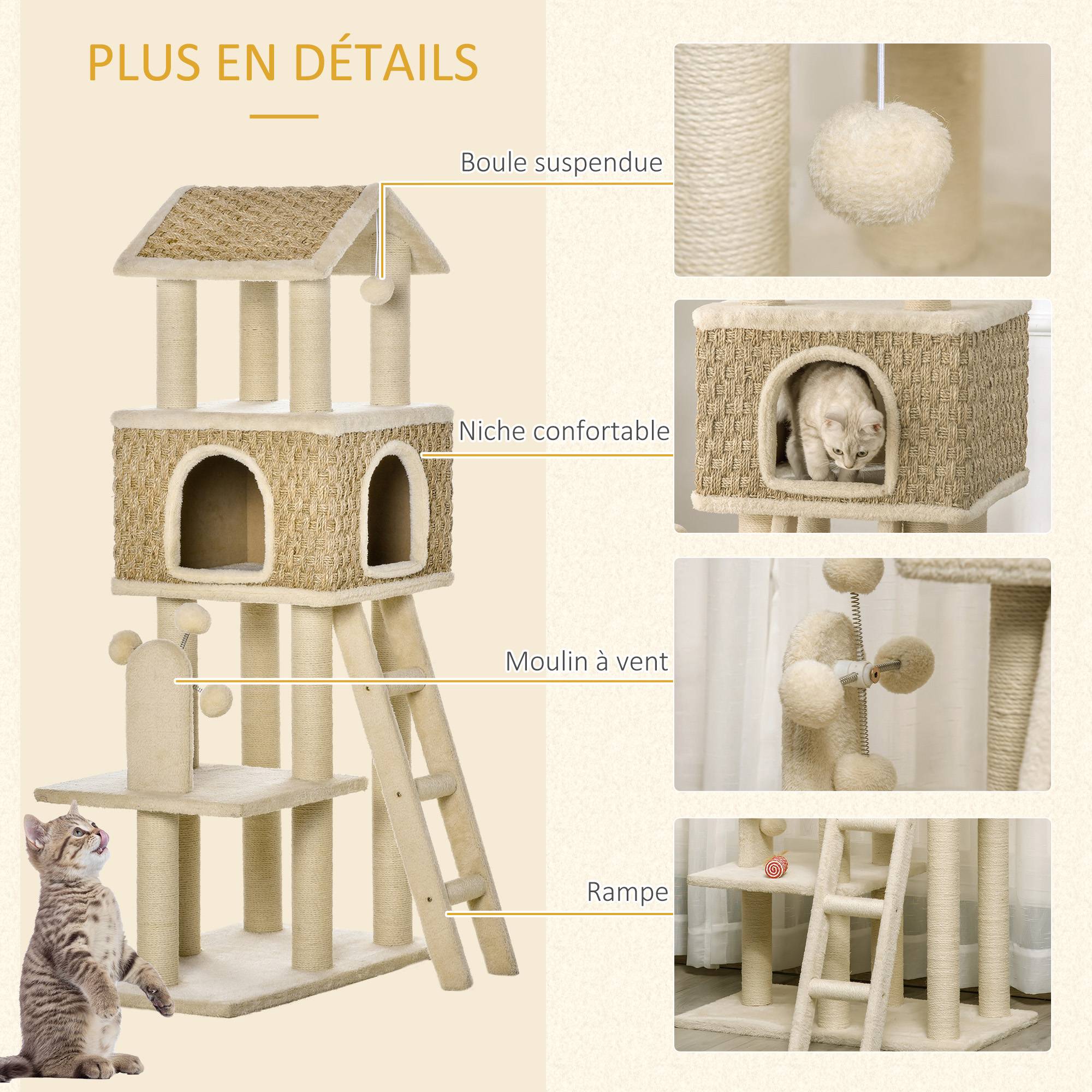 Pawhut - Arbre à chats style cosy chic griffoirs sisal naturel grande niche plateforme échelle jeu boules tourniquet peluche courte cordes d'algues tressées - Image 5