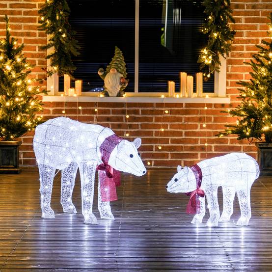 ComfortXL - Décoration Noël ours polaires métal et plastique blanc 80 cm 140 LED IP44 avec minuterie intérieur extérieur - Image 1