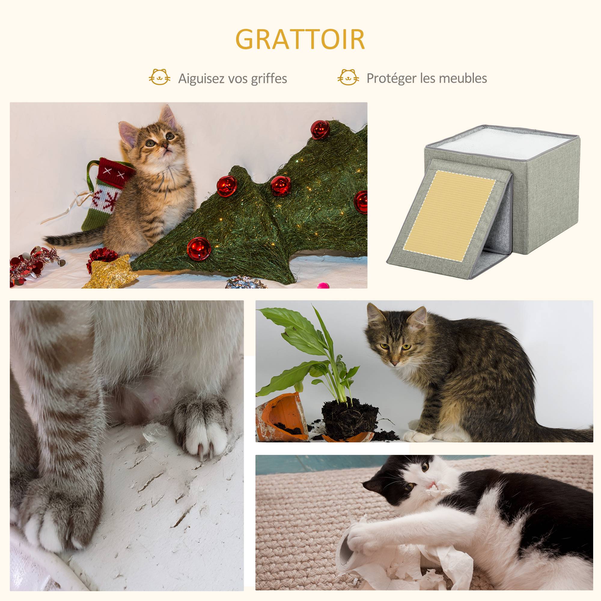 Pawhut - Maison niche pour chat pliable - 2 coussins moelleux, boule suspendue, grattoir - dim. 73 x 42 x 34 cm - MDF sisal polyester gris - Image 5