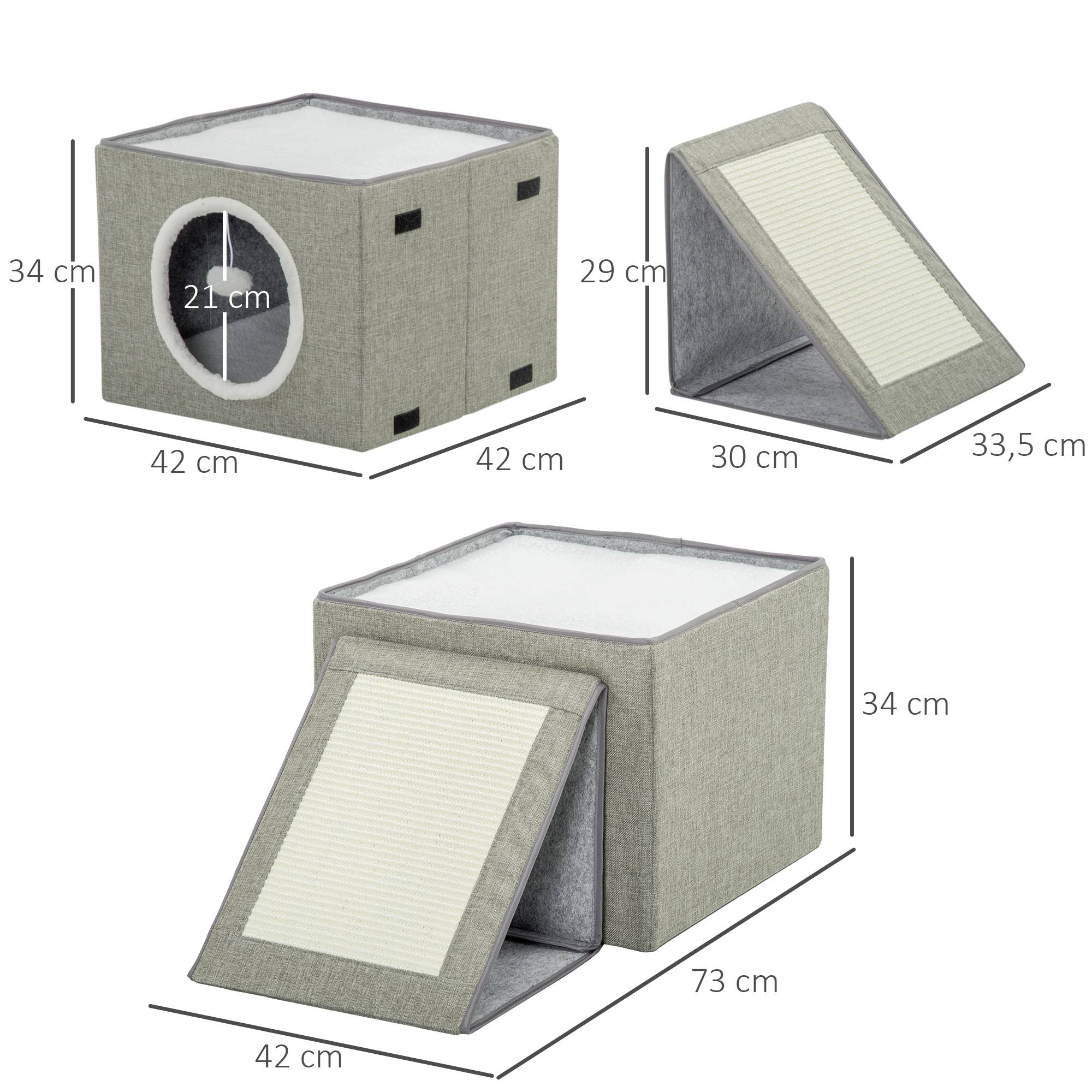 Pawhut - Maison niche pour chat pliable - 2 coussins moelleux, boule suspendue, grattoir - dim. 73 x 42 x 34 cm - MDF sisal polyester gris - Image 3