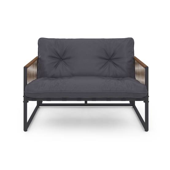 Salon de jardin bas RIO 4 places structure métal gris anthracite, cordage effet rotin avec coussin gris - Image 3