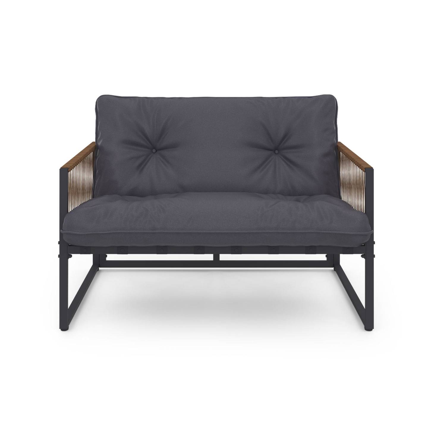 Salon de jardin bas RIO 4 places structure métal gris anthracite, cordage effet rotin avec coussin gris - Image 3