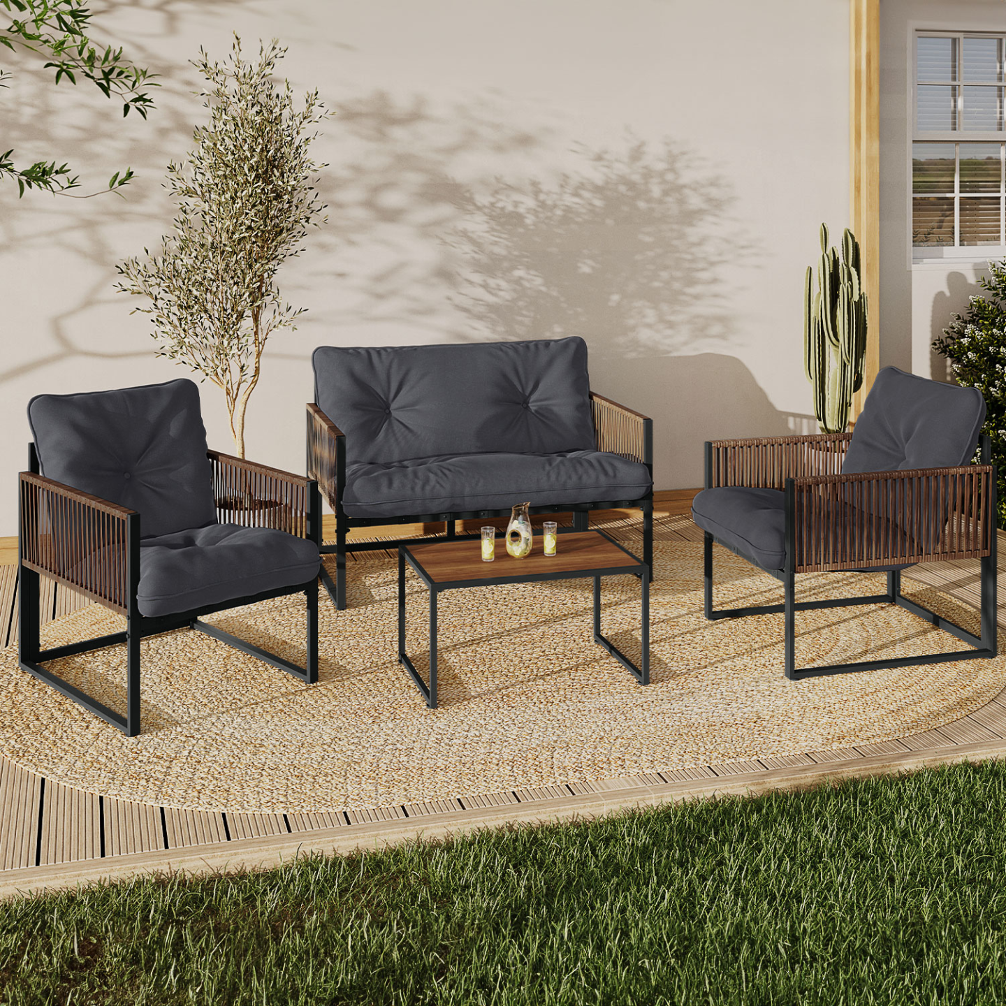 Salon de jardin bas RIO 4 places structure métal gris anthracite, cordage effet rotin avec coussin gris - Image 1