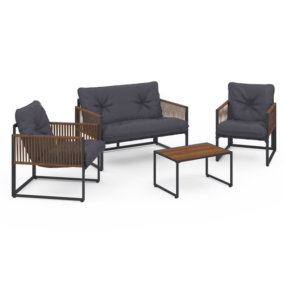 Salon de jardin bas RIO 4 places structure métal gris anthracite, cordage effet rotin avec coussin gris - Image 2