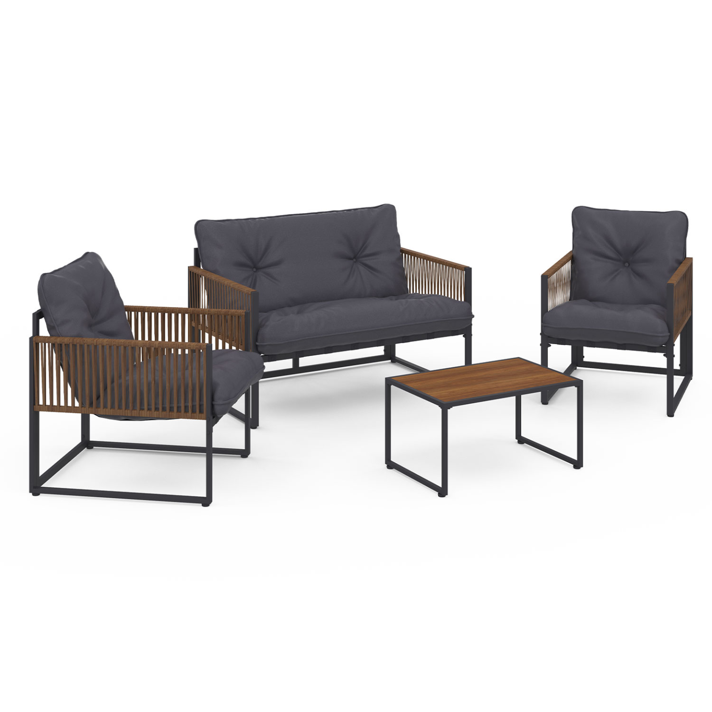 Salon de jardin bas RIO 4 places structure métal gris anthracite, cordage effet rotin avec coussin gris - Image 2