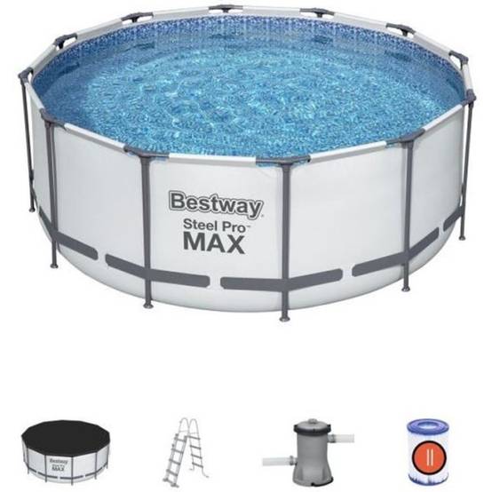 Bestway - Kit Piscine hors sol tubulaire BESTWAY Steel Pro Max - 366 x 122 cm - Ronde (Livrée avec un filtre a cartouche, échelle, bâch - Image 1