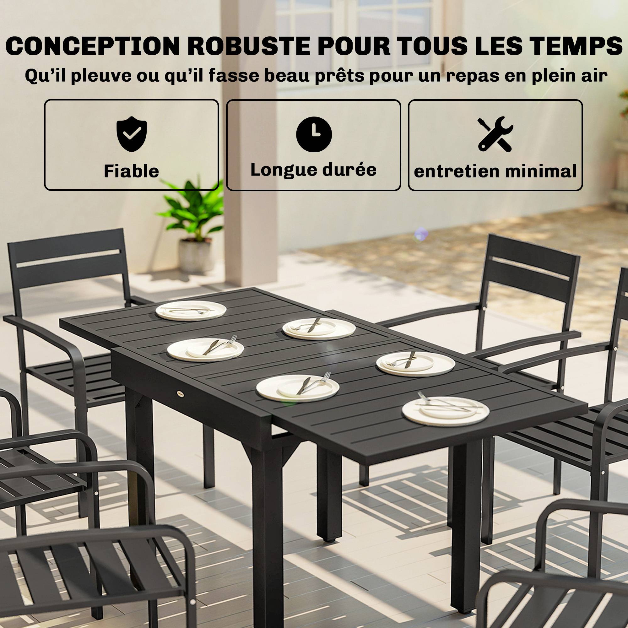 Table de jardin extensible pour 4 à 6 personnes, 160/80 x 80 x 75 cm, table à manger extérieure en aluminium, noir - Image 8