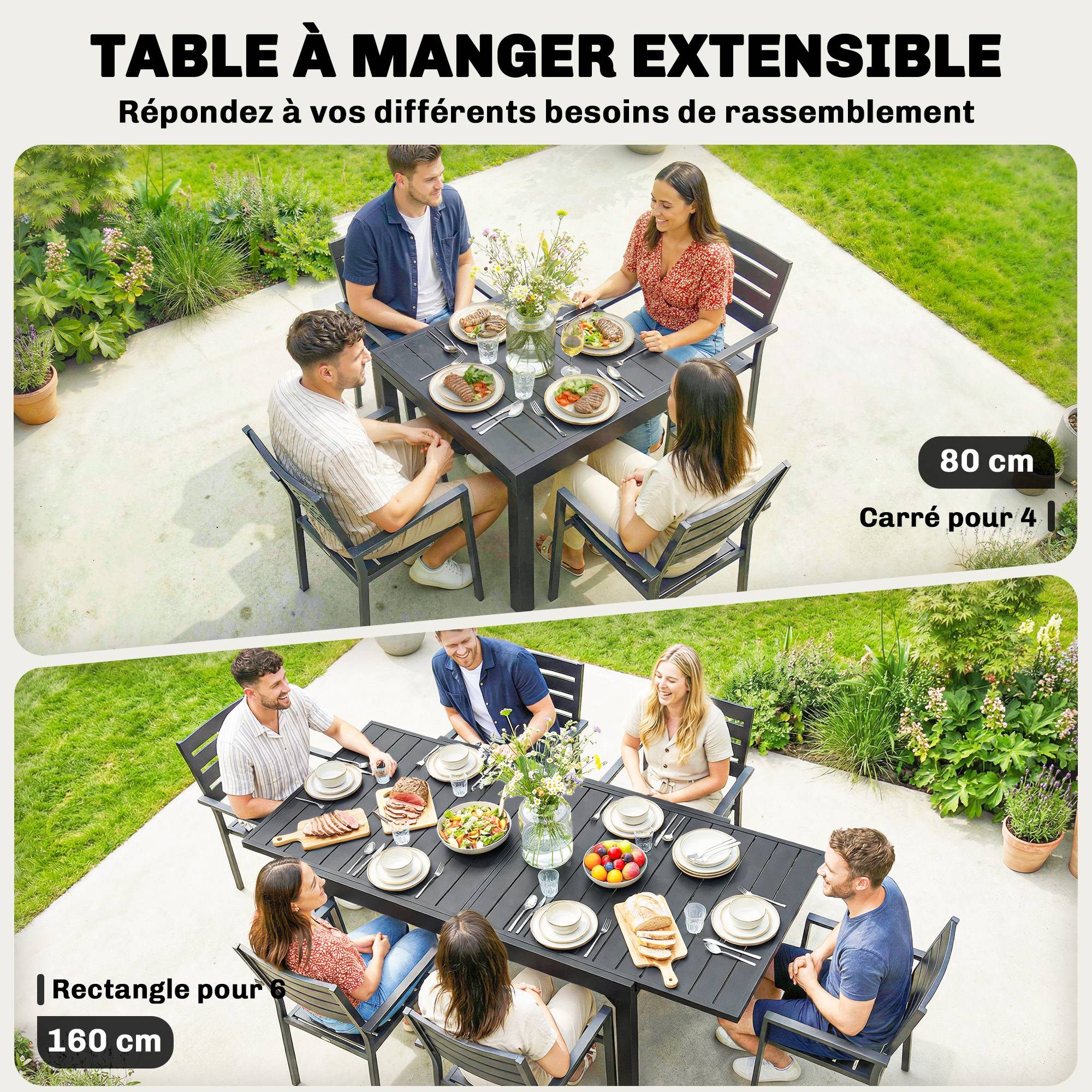 Table de jardin extensible pour 4 à 6 personnes, 160/80 x 80 x 75 cm, table à manger extérieure en aluminium, noir - Image 6