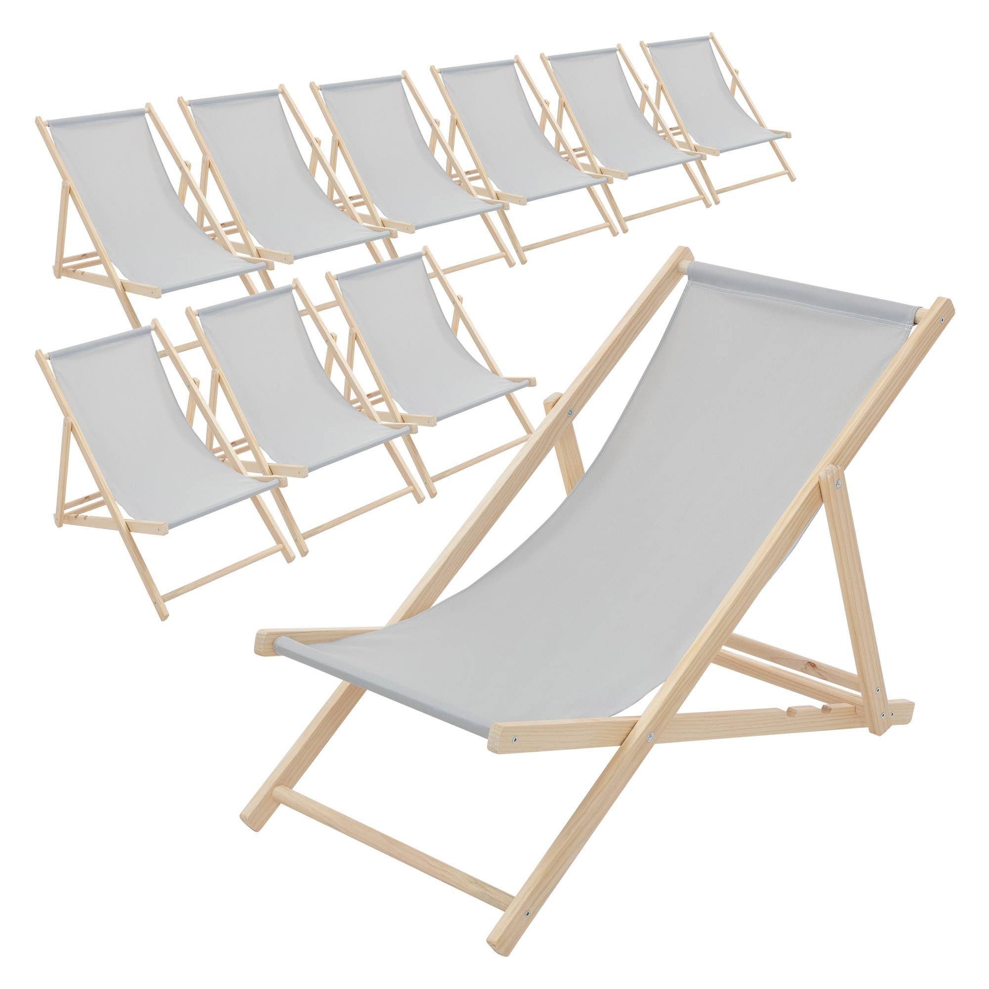 Ecd-Germany - Set 10x Chaise longue de jardin pliable gris clair en bois chiliennes 3 positions de couchage jusqu'à 120 kg usage intérieur extérieur balcon terrasse - Image 2